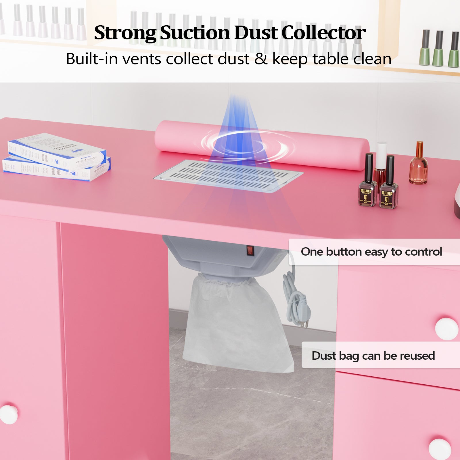 Omysalon 4DMT-DC Nail Manicure Table w/Electric Dust Collector & Wrist Rest & 1 Large Cabinet 4 Drawers