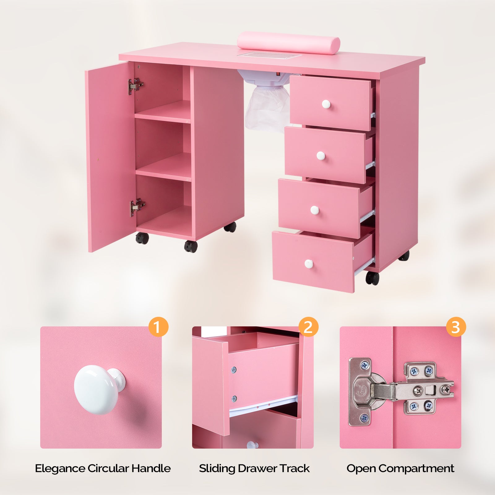 Omysalon 4DMT-DC Nail Manicure Table w/Electric Dust Collector & Wrist Rest & 1 Large Cabinet 4 Drawers