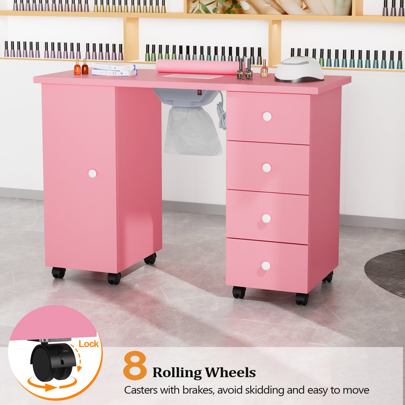Omysalon 4DMT-DC Nail Manicure Table w/Electric Dust Collector & Wrist Rest & 1 Large Cabinet 4 Drawers