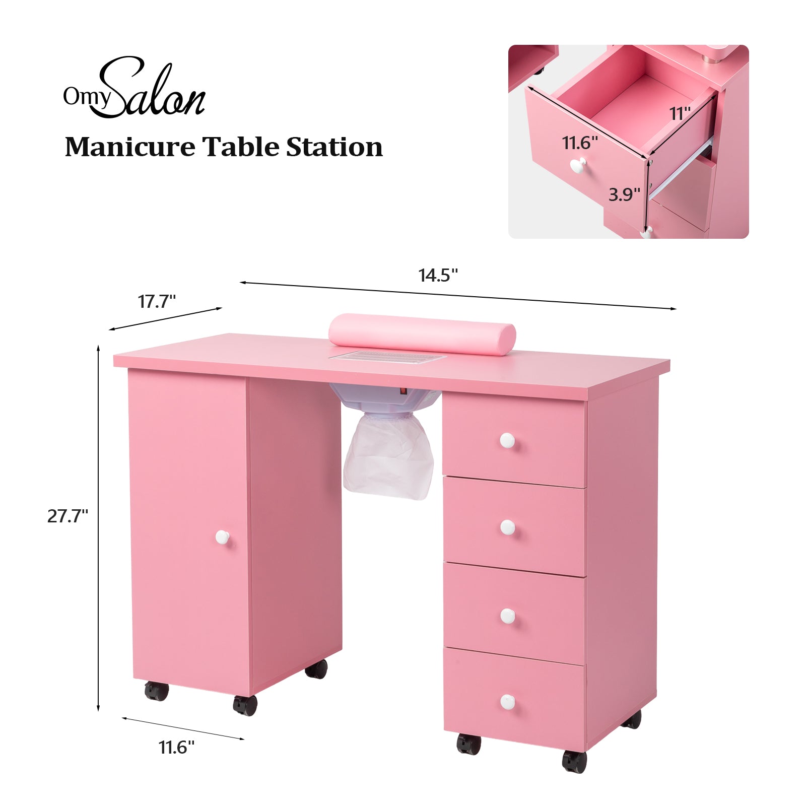Omysalon 4DMT-DC Nail Manicure Table w/Electric Dust Collector & Wrist Rest & 1 Large Cabinet 4 Drawers