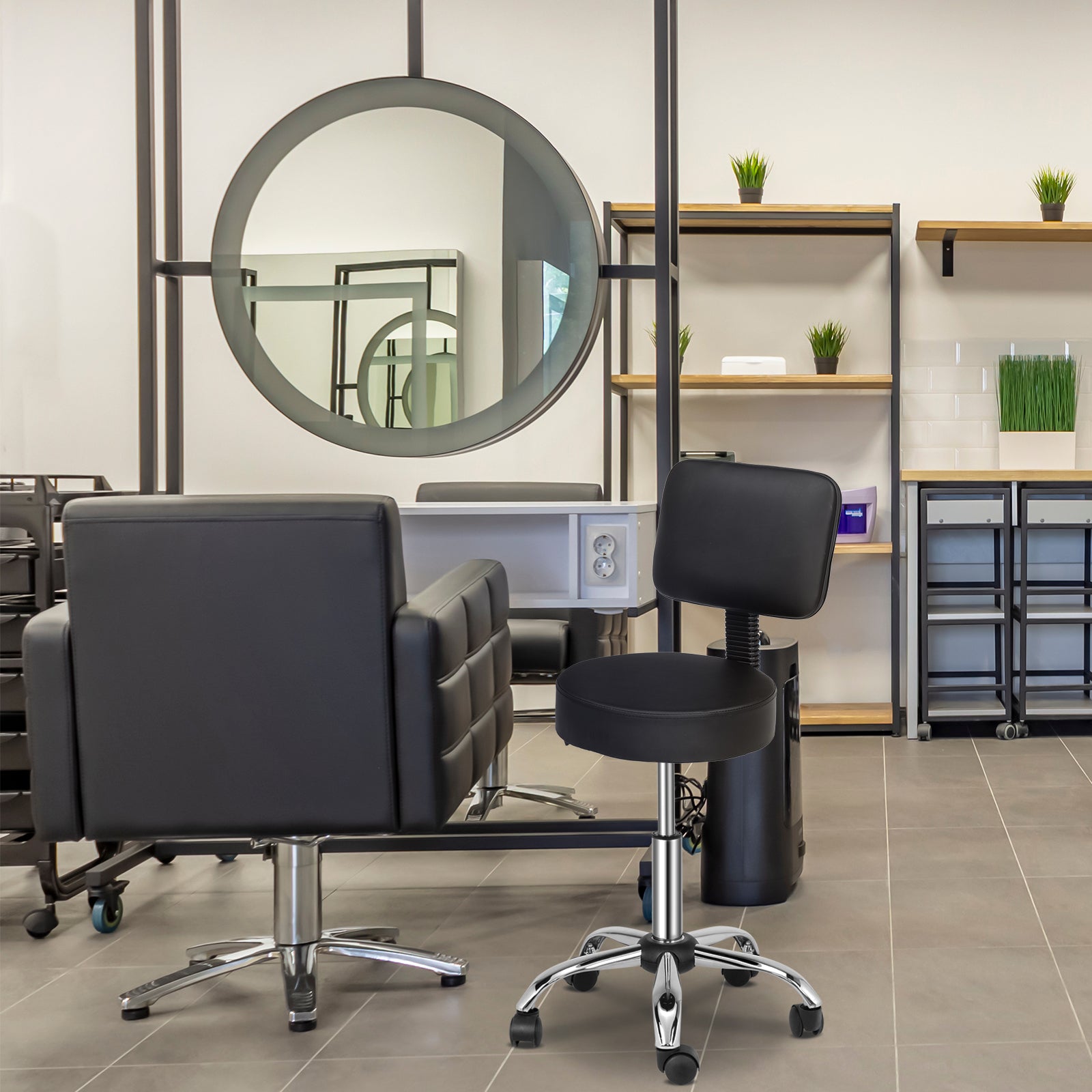 OmySalon Modern Height Adjustable Rotation Salon Round Bar Stool with Back