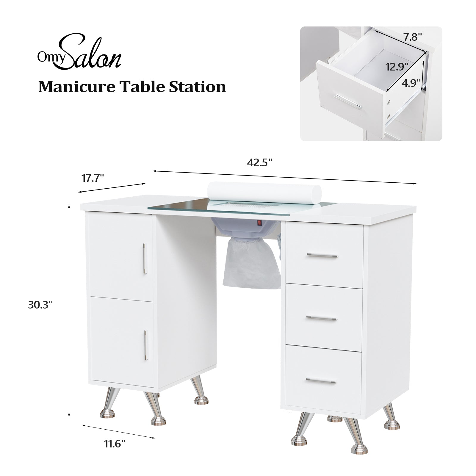 OmySalon MTDGL Nail Manicure Table w/Glass Top & Electric Dust Collector & Wrist Rest