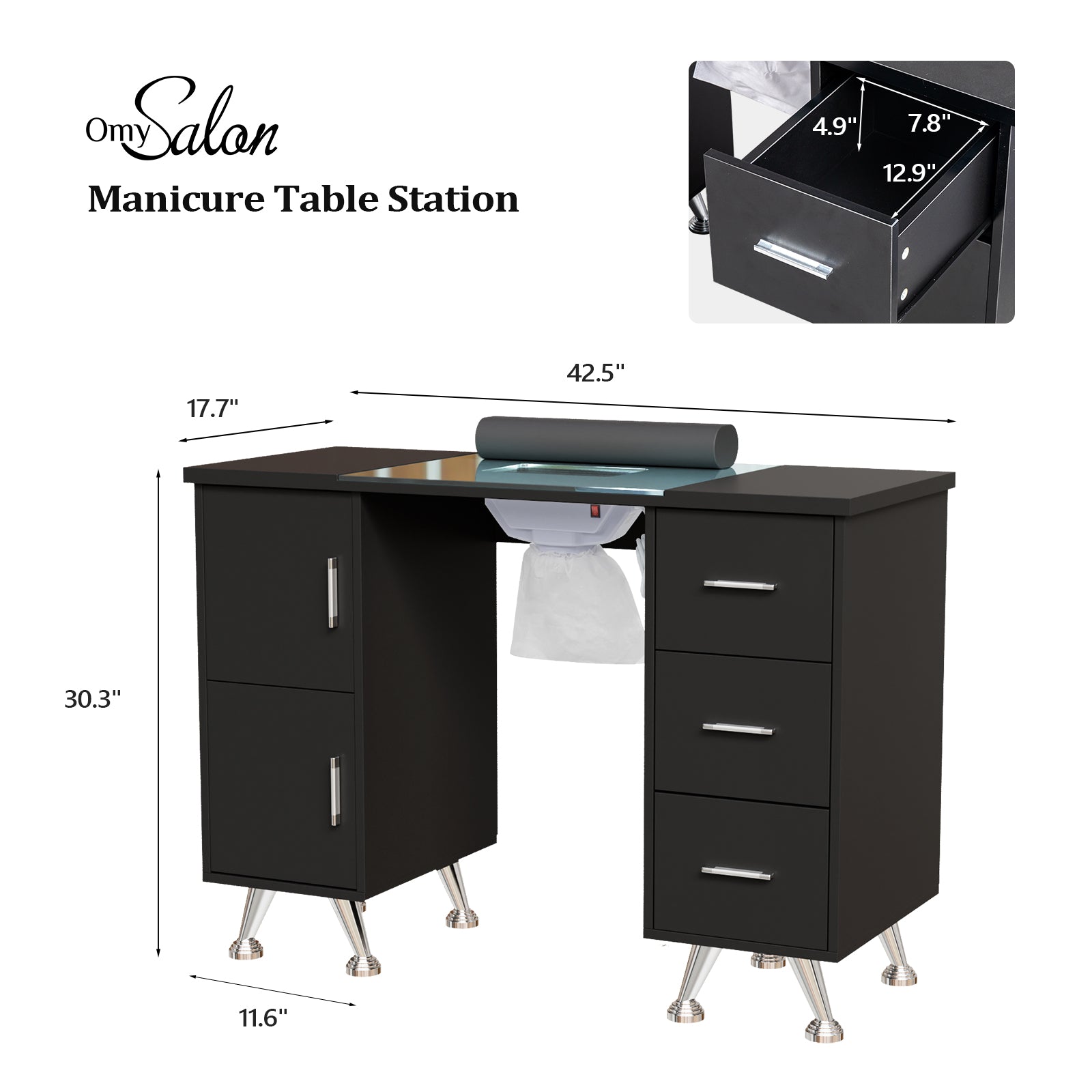 OmySalon MTDGL Nail Manicure Table w/Glass Top & Electric Dust Collector & Wrist Rest