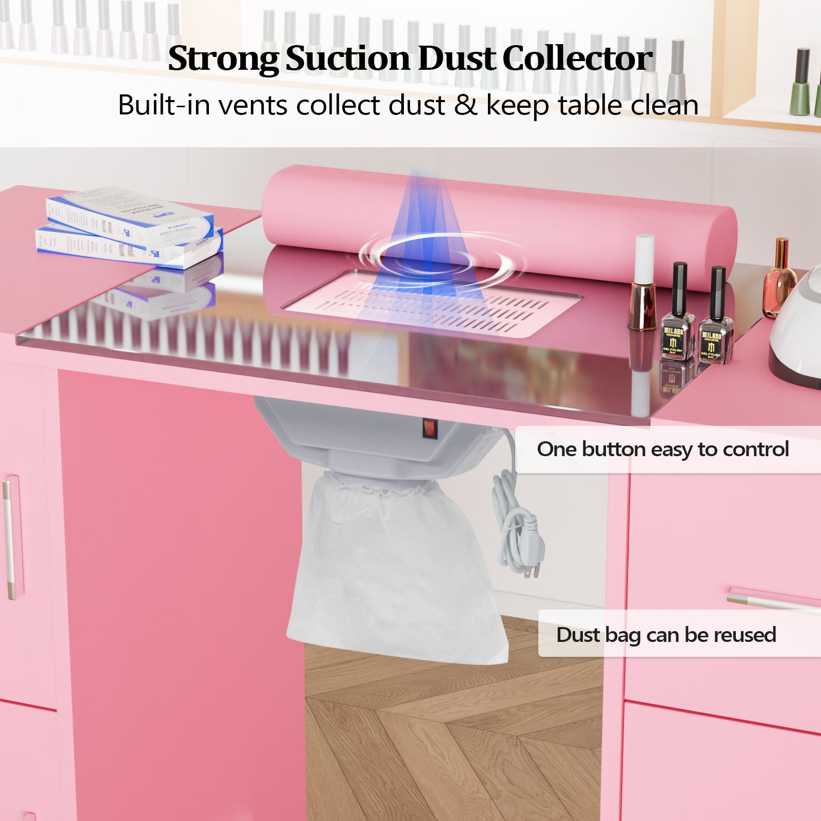 OmySalon MTDGL Nail Manicure Table w/Glass Top & Electric Dust Collector & Wrist Rest