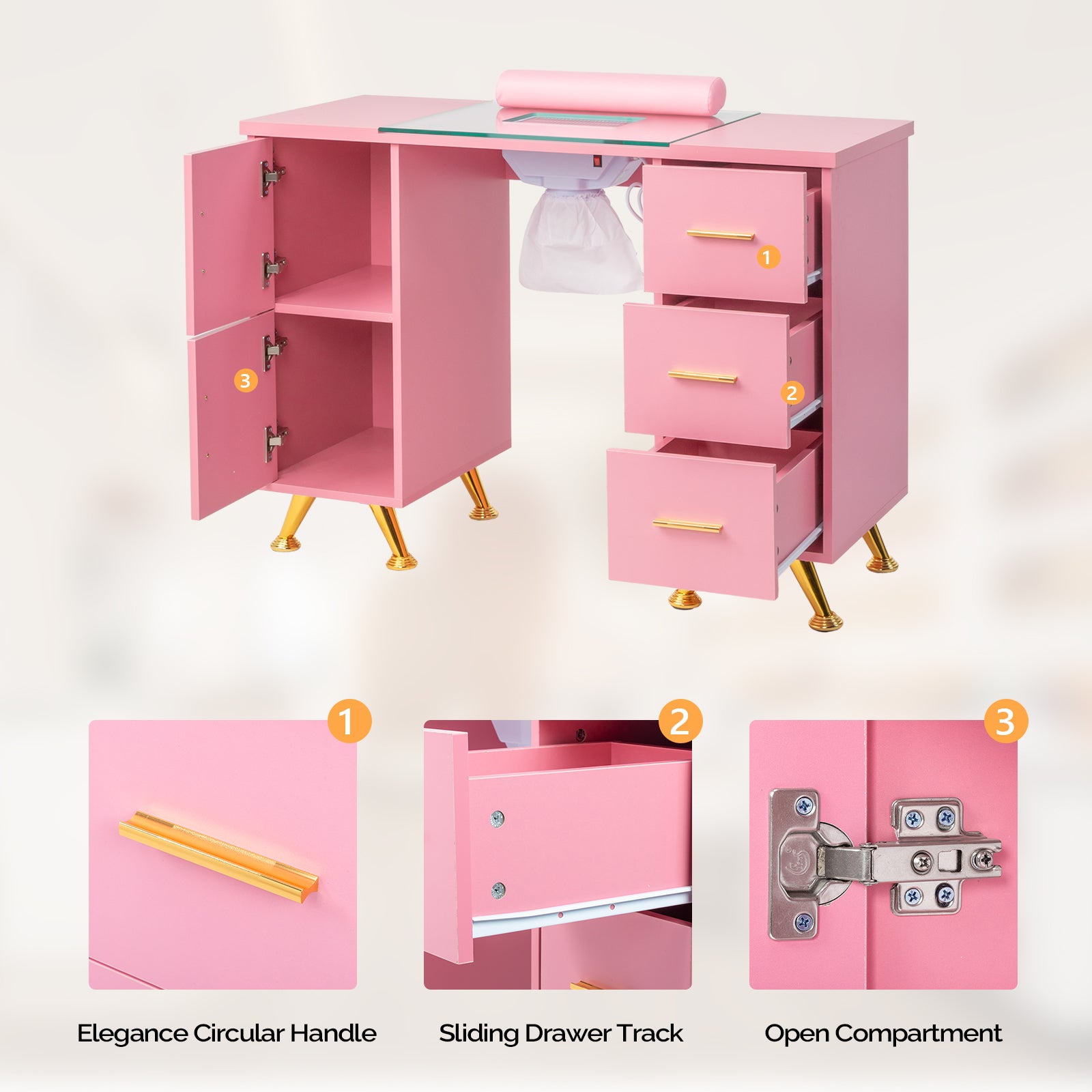 OmySalon MTDGL Nail Manicure Table w/Glass Top & Electric Dust Collector & Wrist Rest