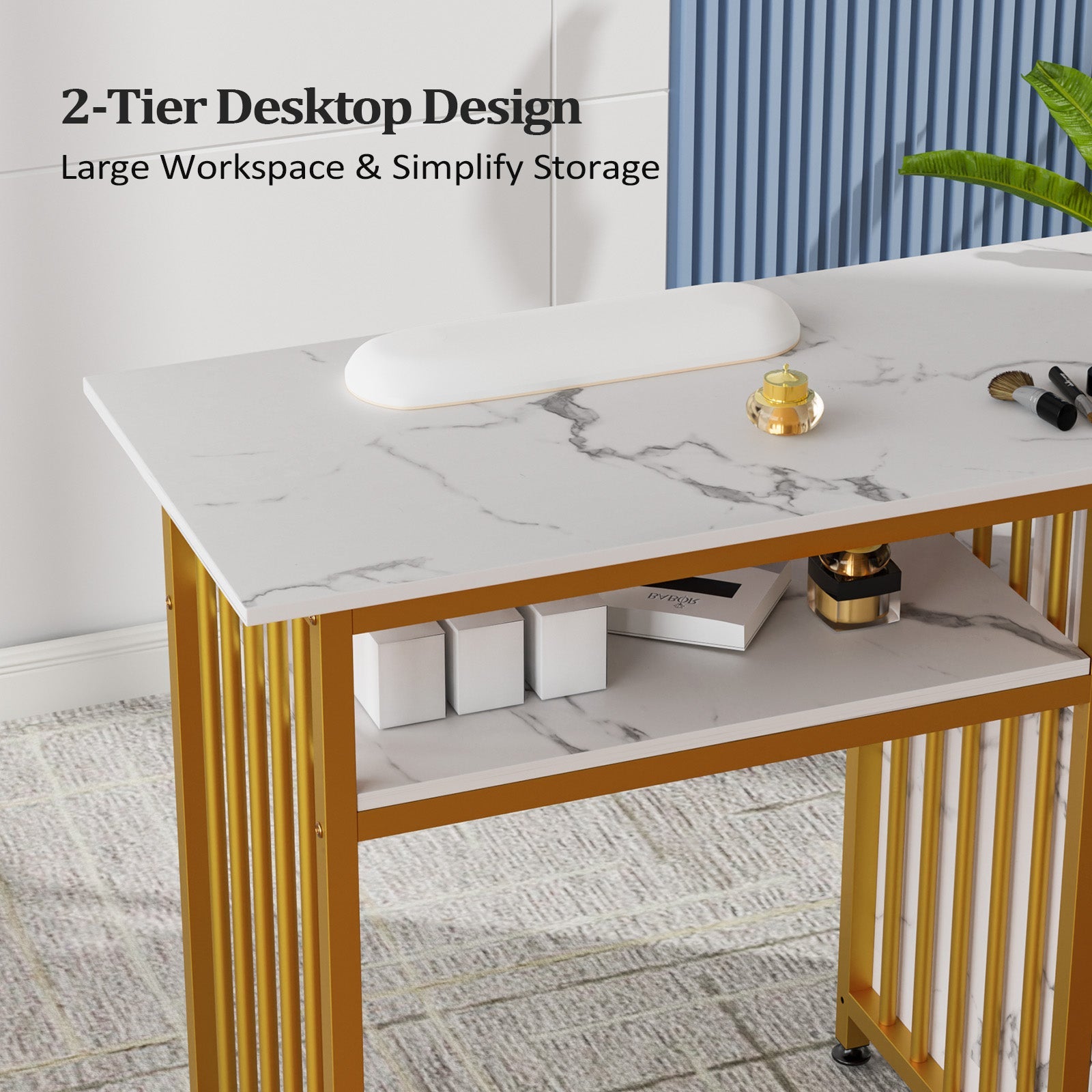 OmySalon Manicure Table w/Wrist Rest & 2-Tier Desktop