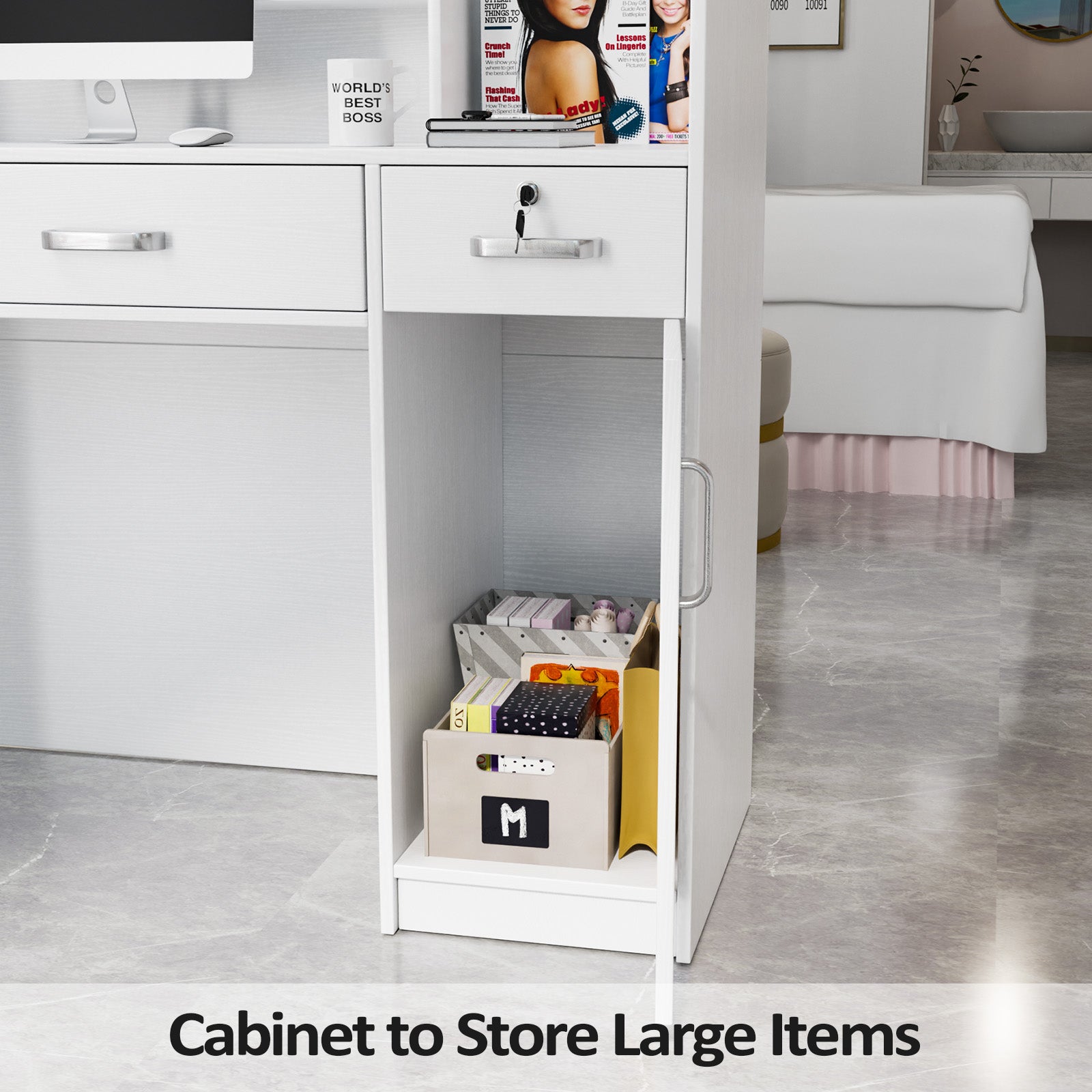OmySalon OSRD-H Modern Computer Reception Desk with Lockable Drawers Storage Cabinet & Shelf