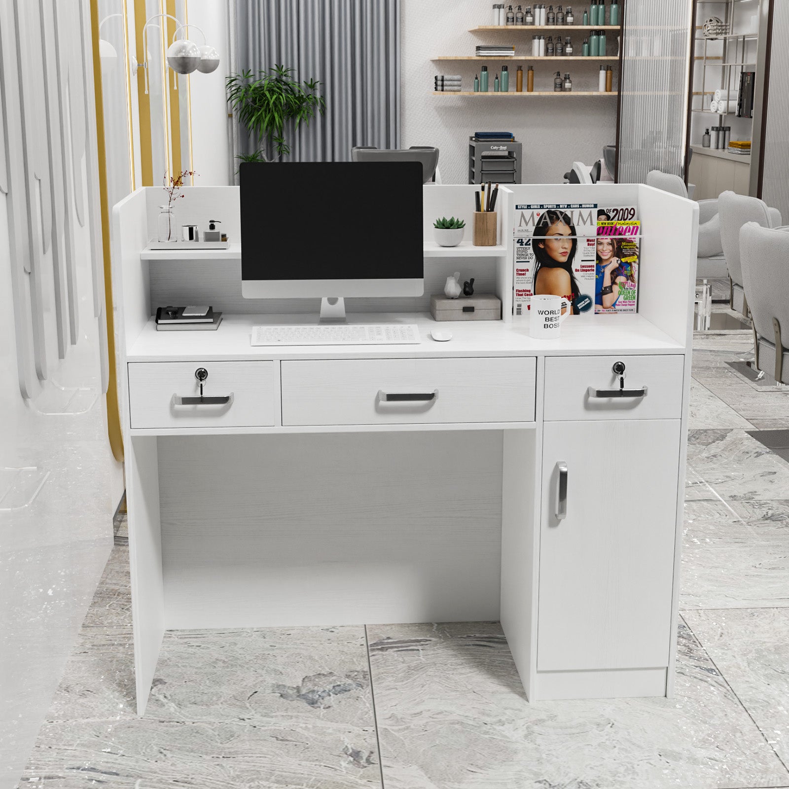 OmySalon OSRD-H Modern Computer Reception Desk with Lockable Drawers Storage Cabinet & Shelf