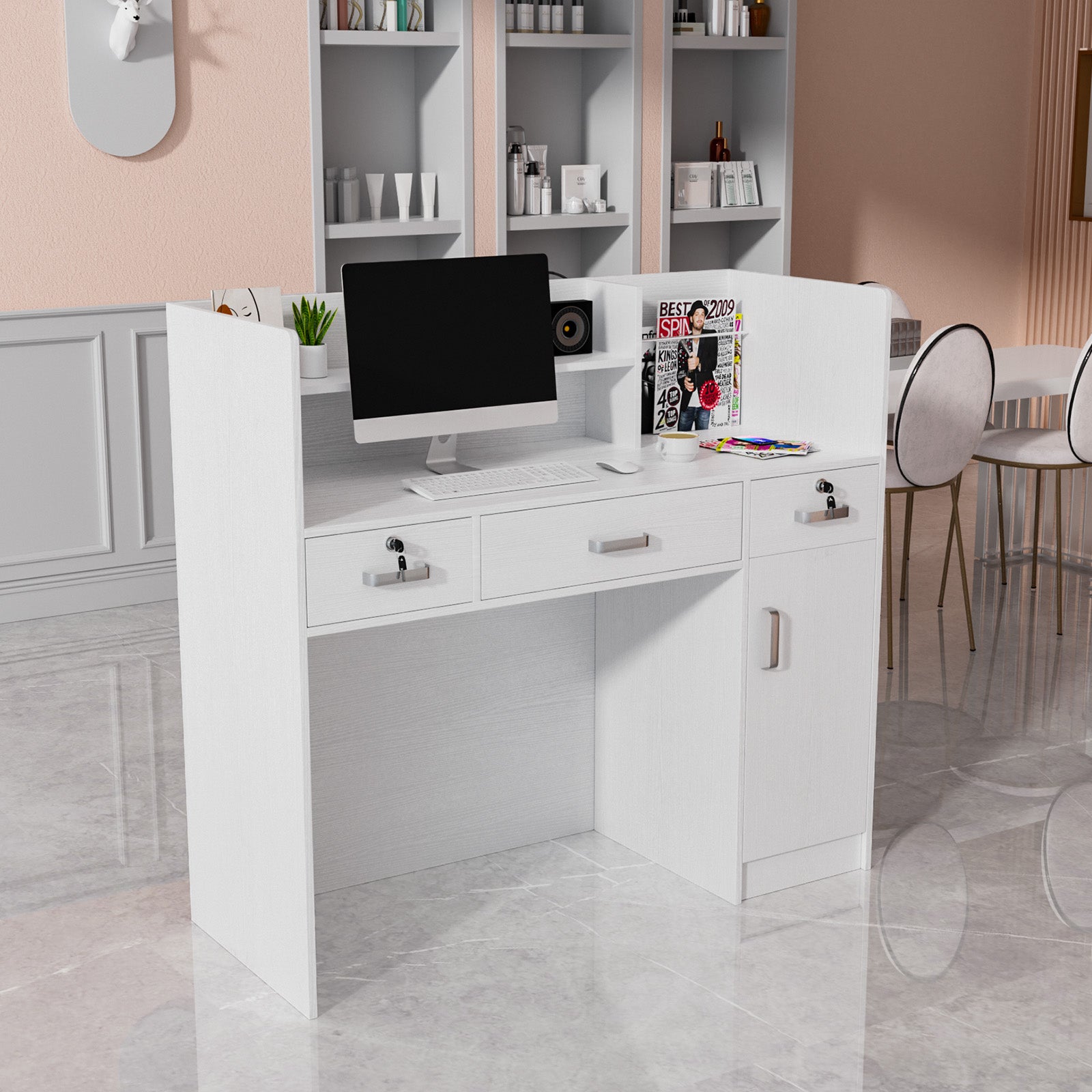 OmySalon OSRD-H Modern Computer Reception Desk with Lockable Drawers Storage Cabinet & Shelf