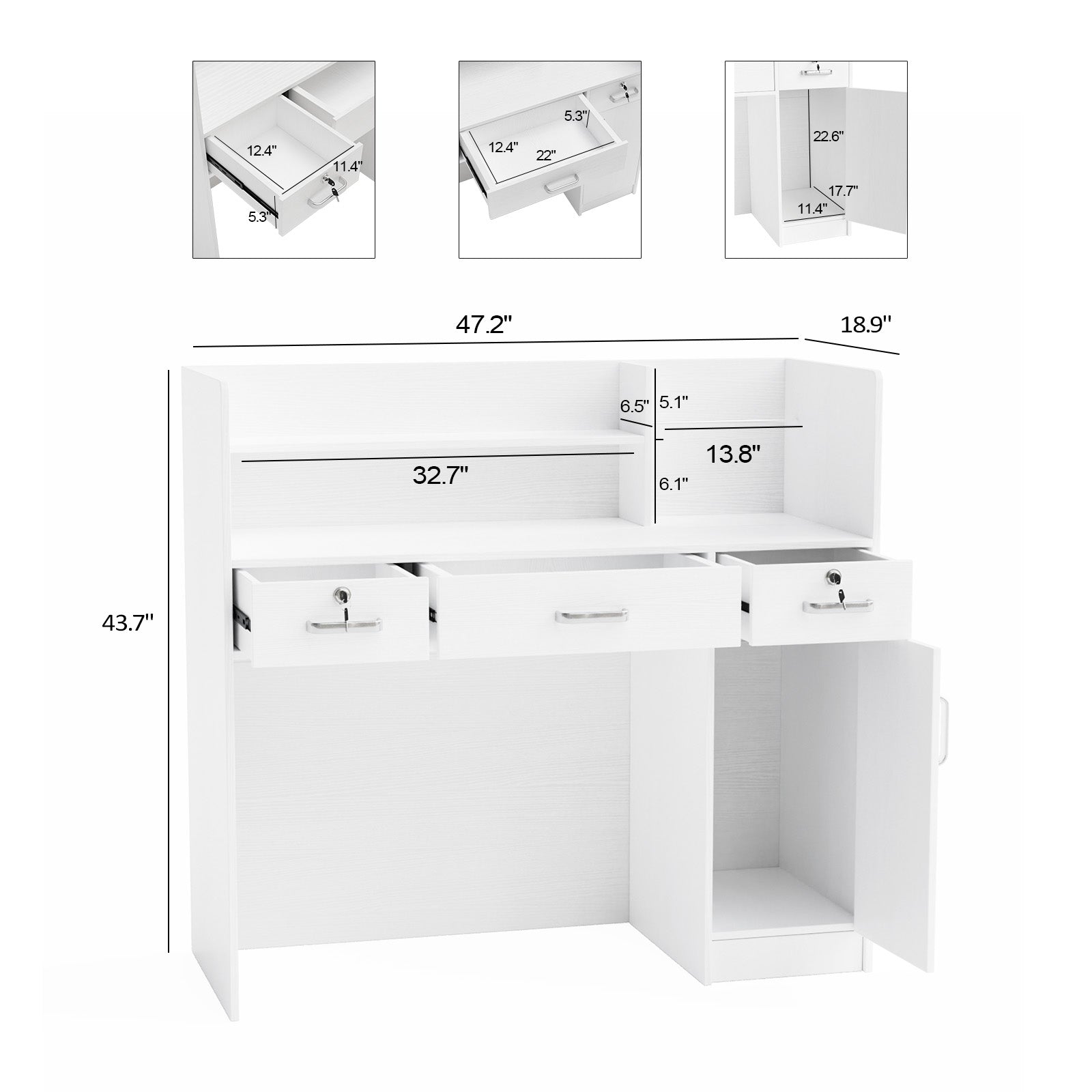 OmySalon OSRD-H Modern Computer Reception Desk with Lockable Drawers Storage Cabinet & Shelf