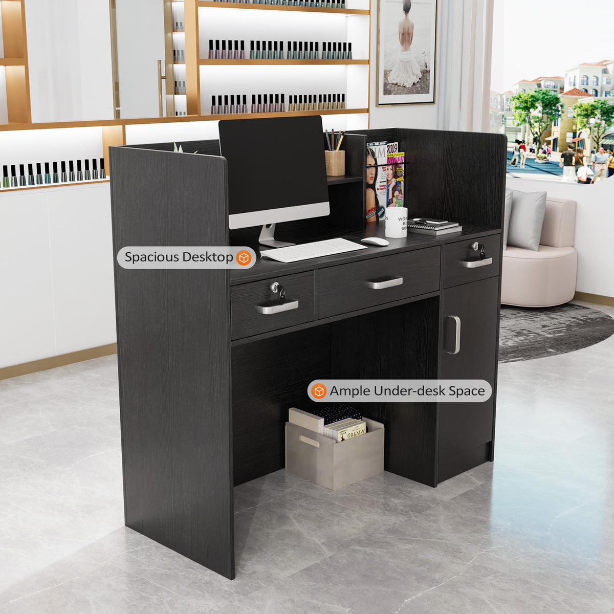 OmySalon OSRD-H Modern Computer Reception Desk with Lockable Drawers Storage Cabinet & Shelf