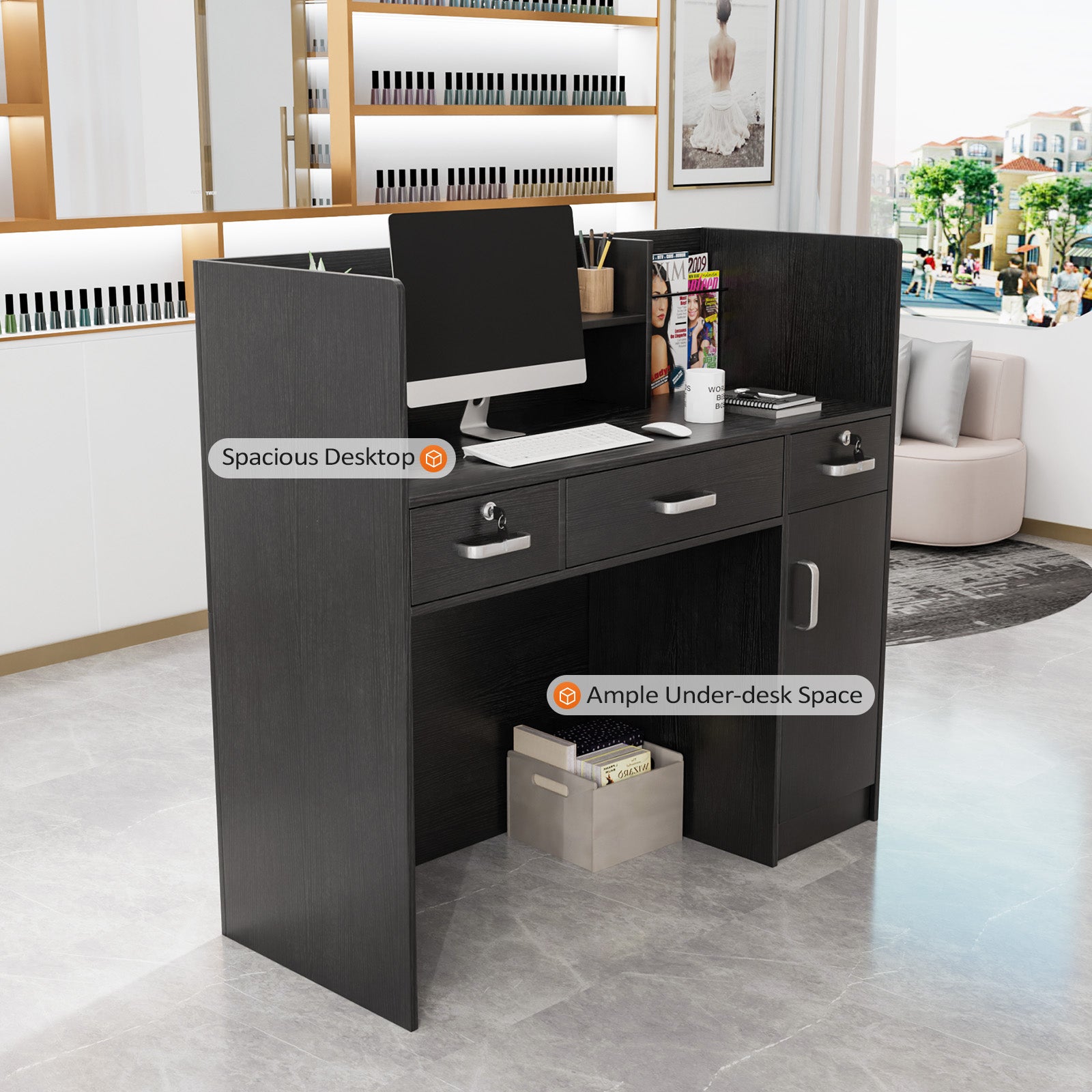 OmySalon OSRD-H Modern Computer Reception Desk with Lockable Drawers Storage Cabinet & Shelf