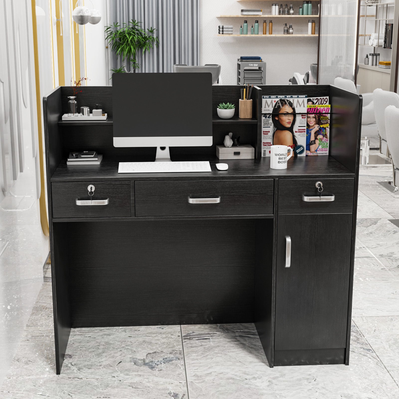 OmySalon OSRD-H Modern Computer Reception Desk with Lockable Drawers Storage Cabinet & Shelf