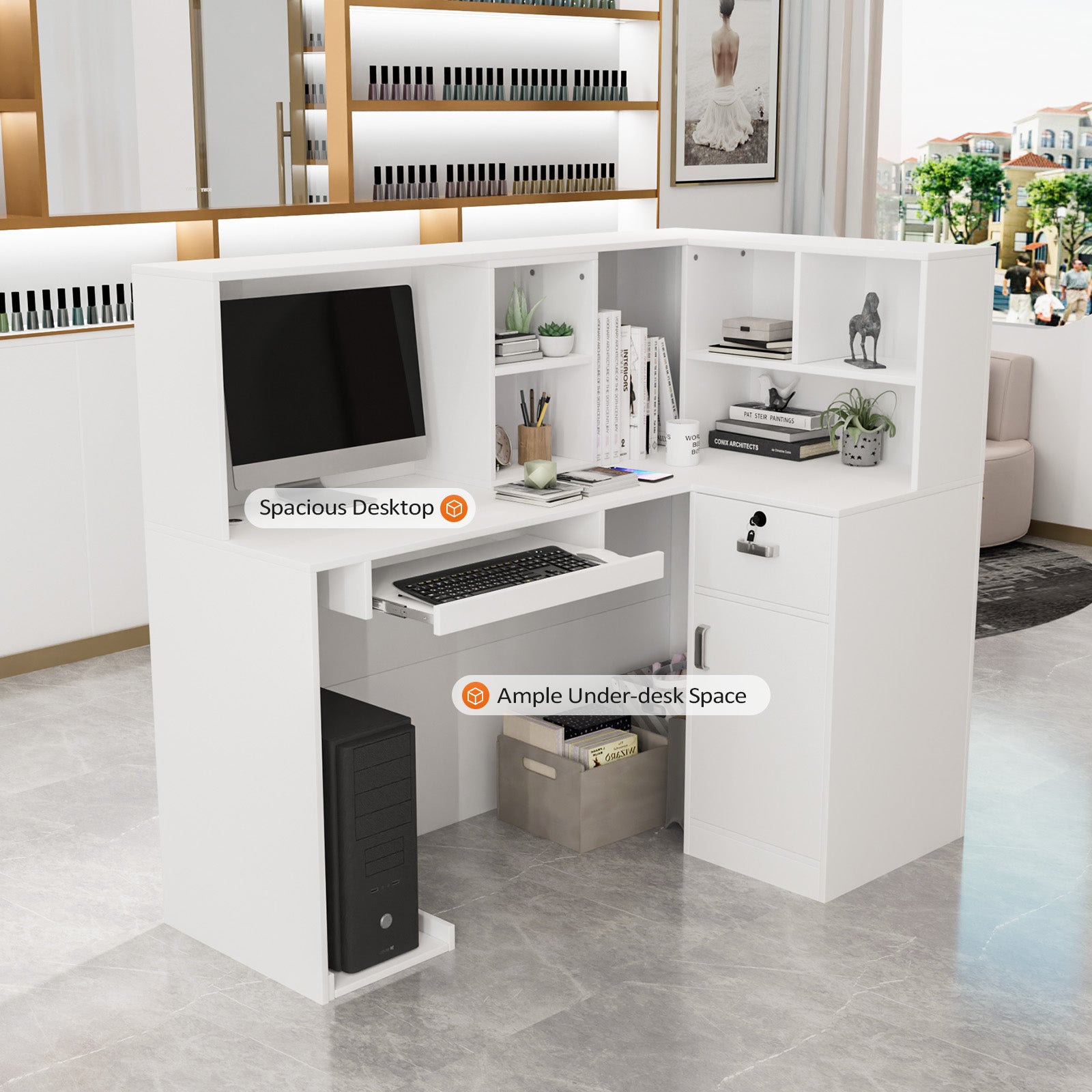 OmySalon OSRD-L Modern Computer Reception Desk with Removable Grid and Lockable Drawer