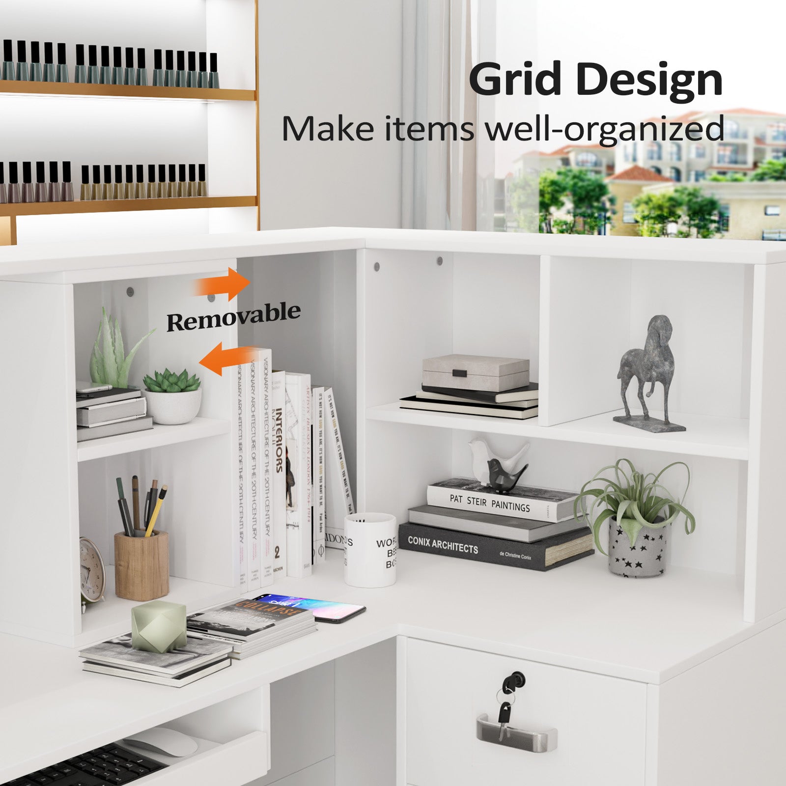 OmySalon OSRD-L Modern Computer Reception Desk with Removable Grid and Lockable Drawer