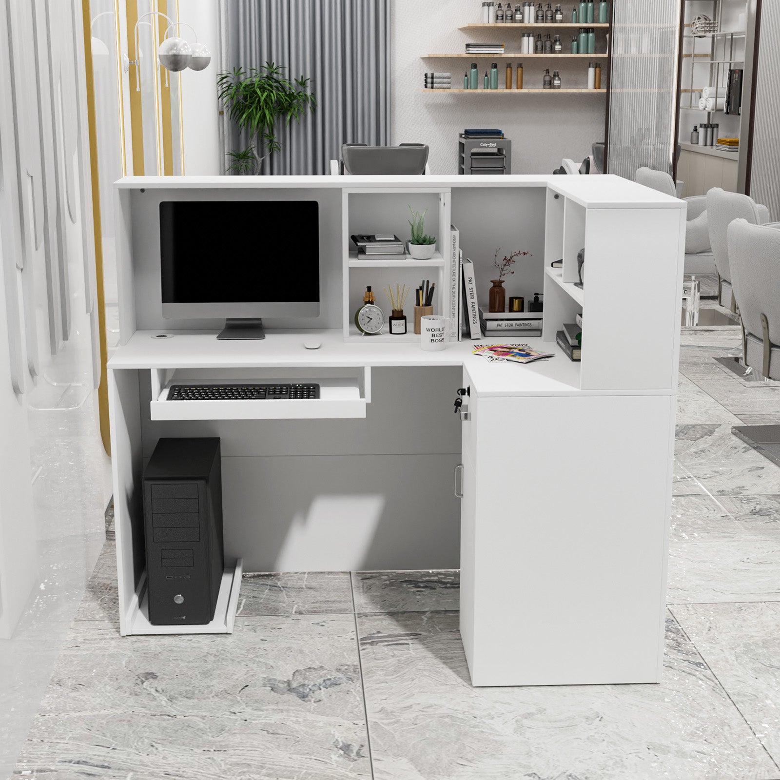 OmySalon OSRD-L Modern Computer Reception Desk with Removable Grid and Lockable Drawer