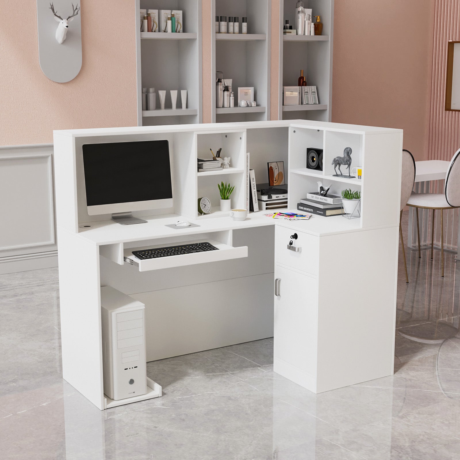 OmySalon OSRD-L Modern Computer Reception Desk with Removable Grid and Lockable Drawer