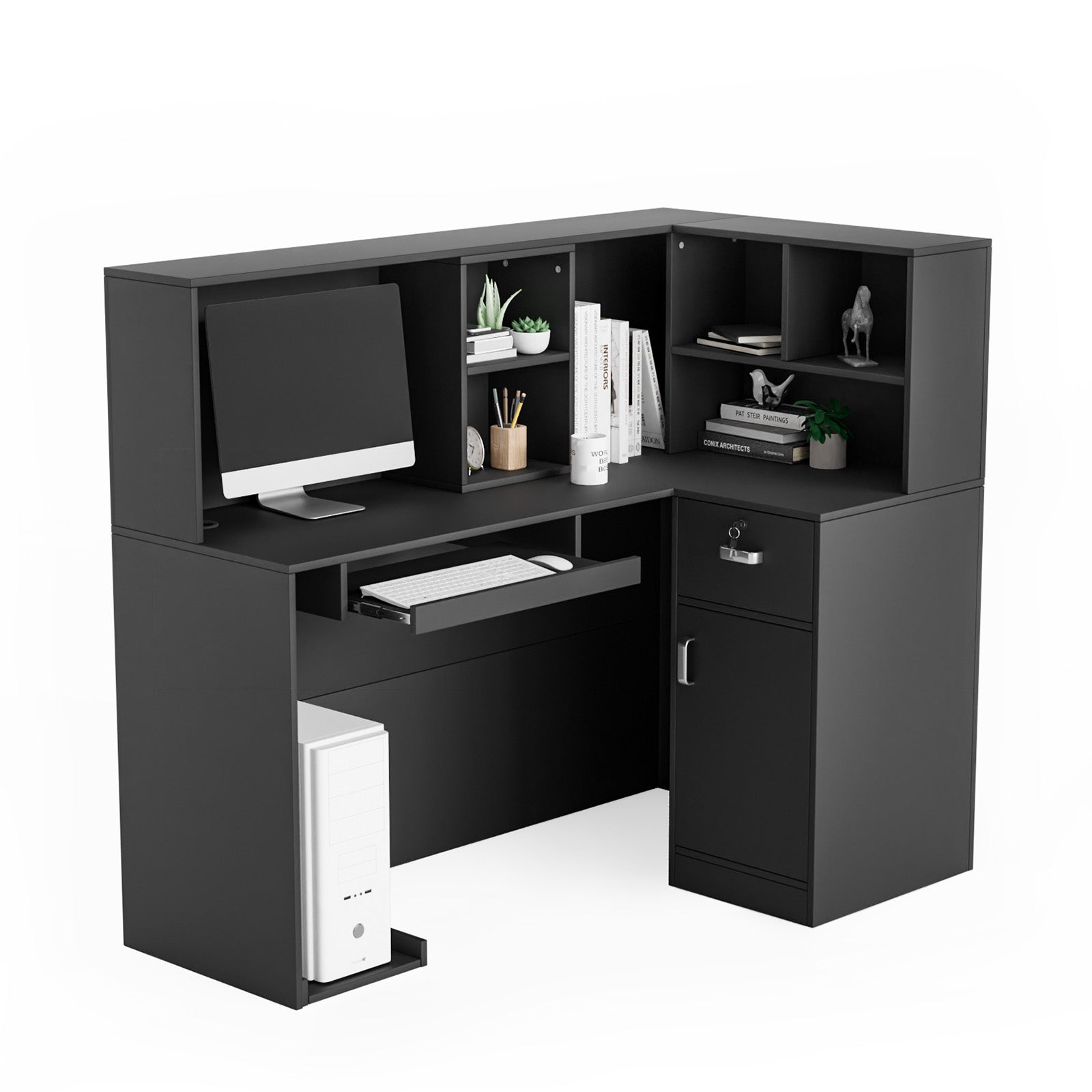 Omysalon OSRD L Modern Computer Reception Desk with Removable Grid and Lockable Drawer White