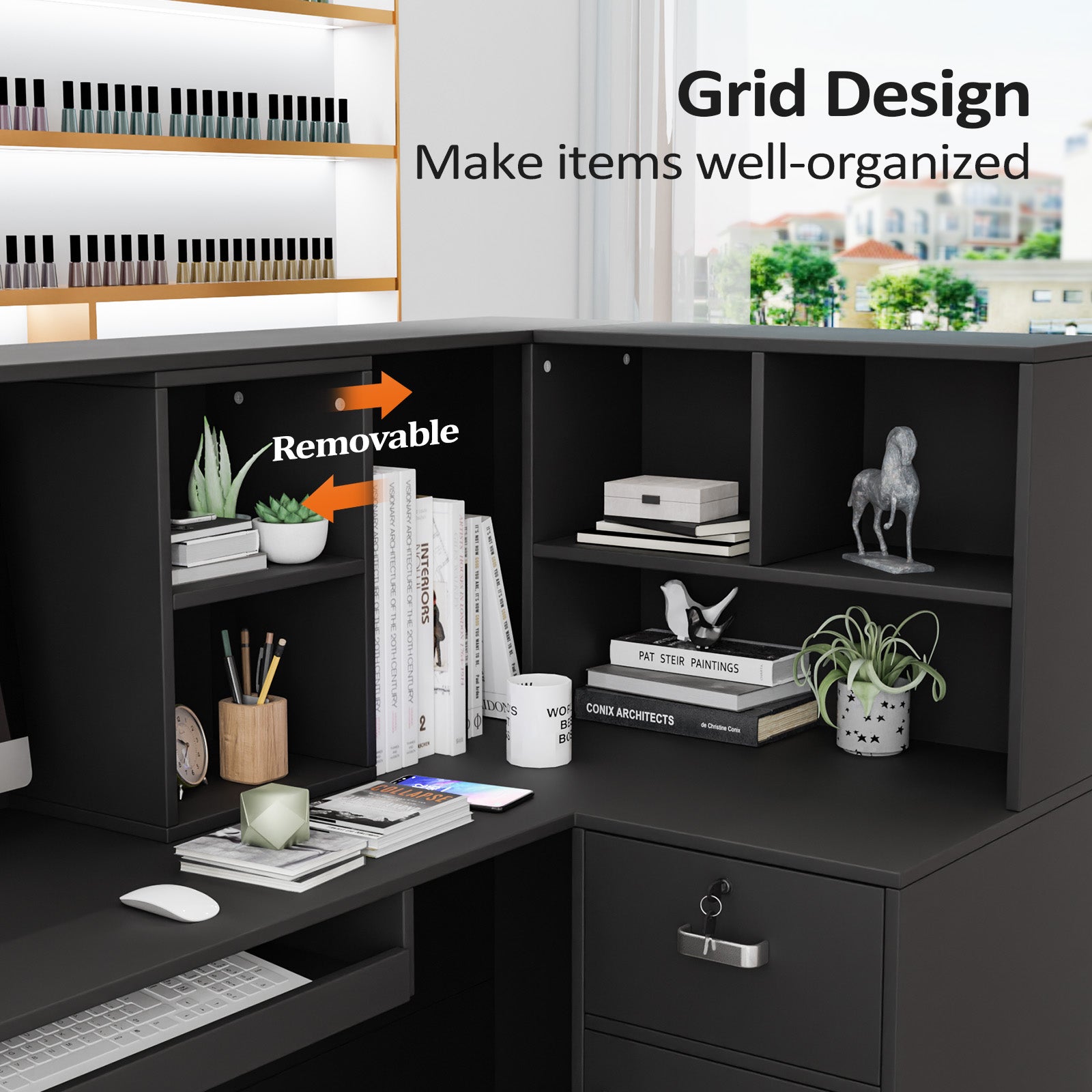 OmySalon OSRD-L Modern Computer Reception Desk with Removable Grid and Lockable Drawer