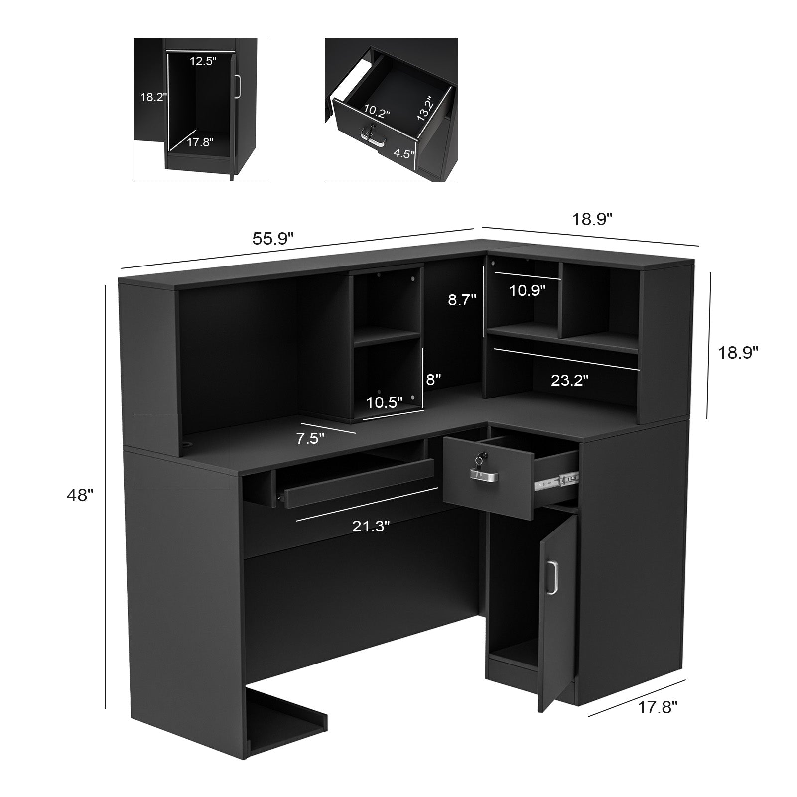 OmySalon Reception Desk Computer Workstation with Removable Grid and Lockable Drawer Black/White