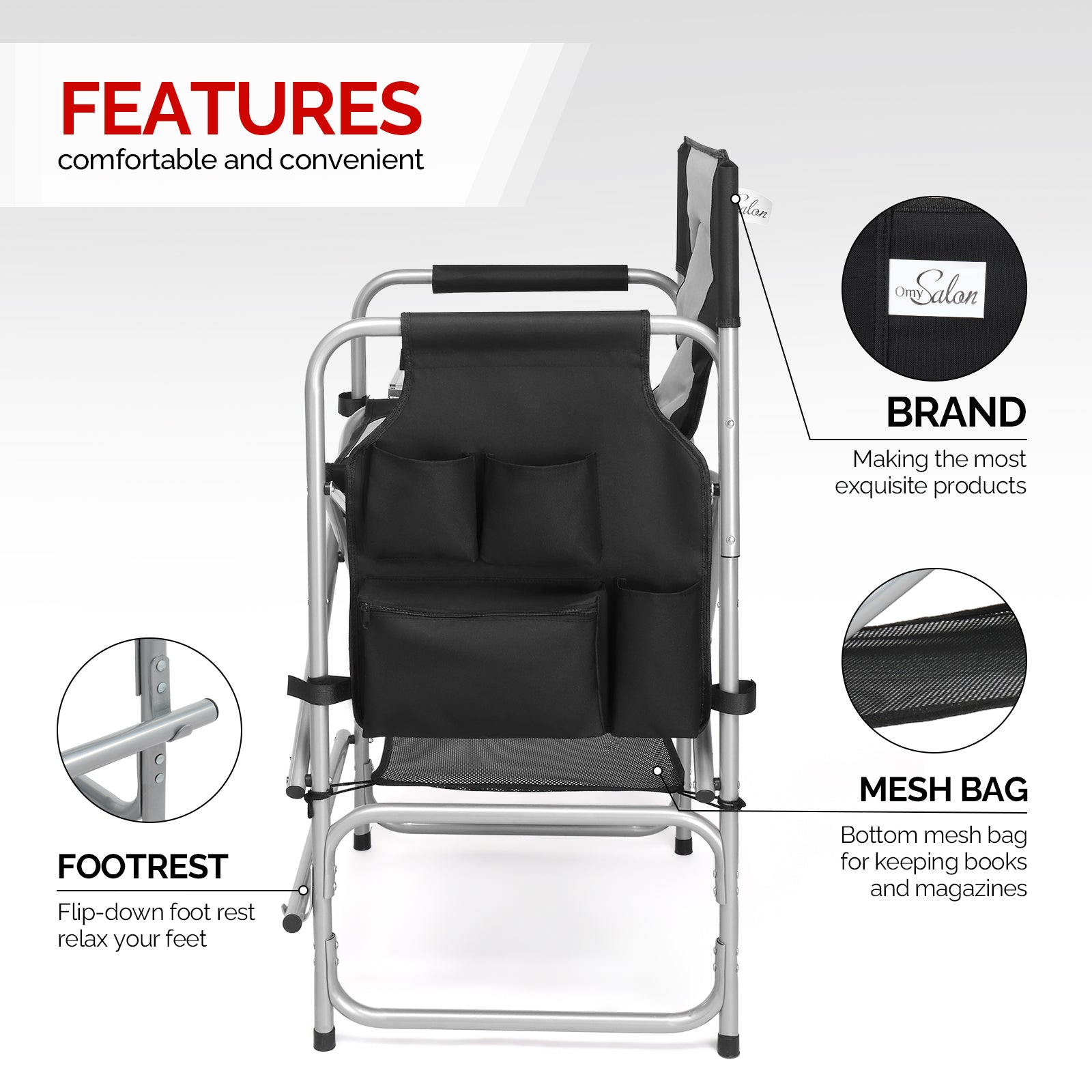 OmySalon Portable Folding Director Chair Makeup Artist Chair with Side Table 22in/26in/30in