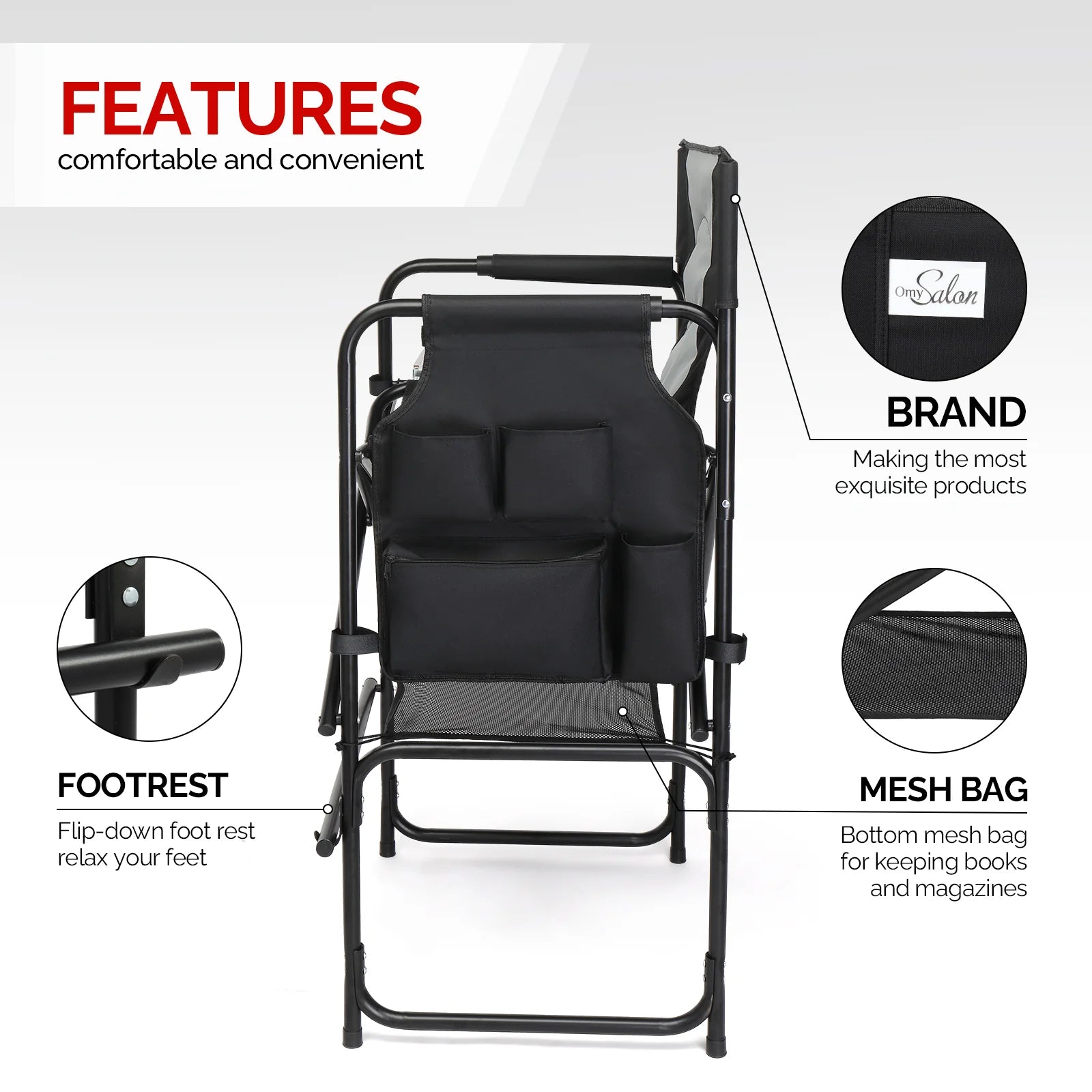 OmySalon Portable Folding Director Chair Makeup Artist Chair with Side Table 22in/26in/30in