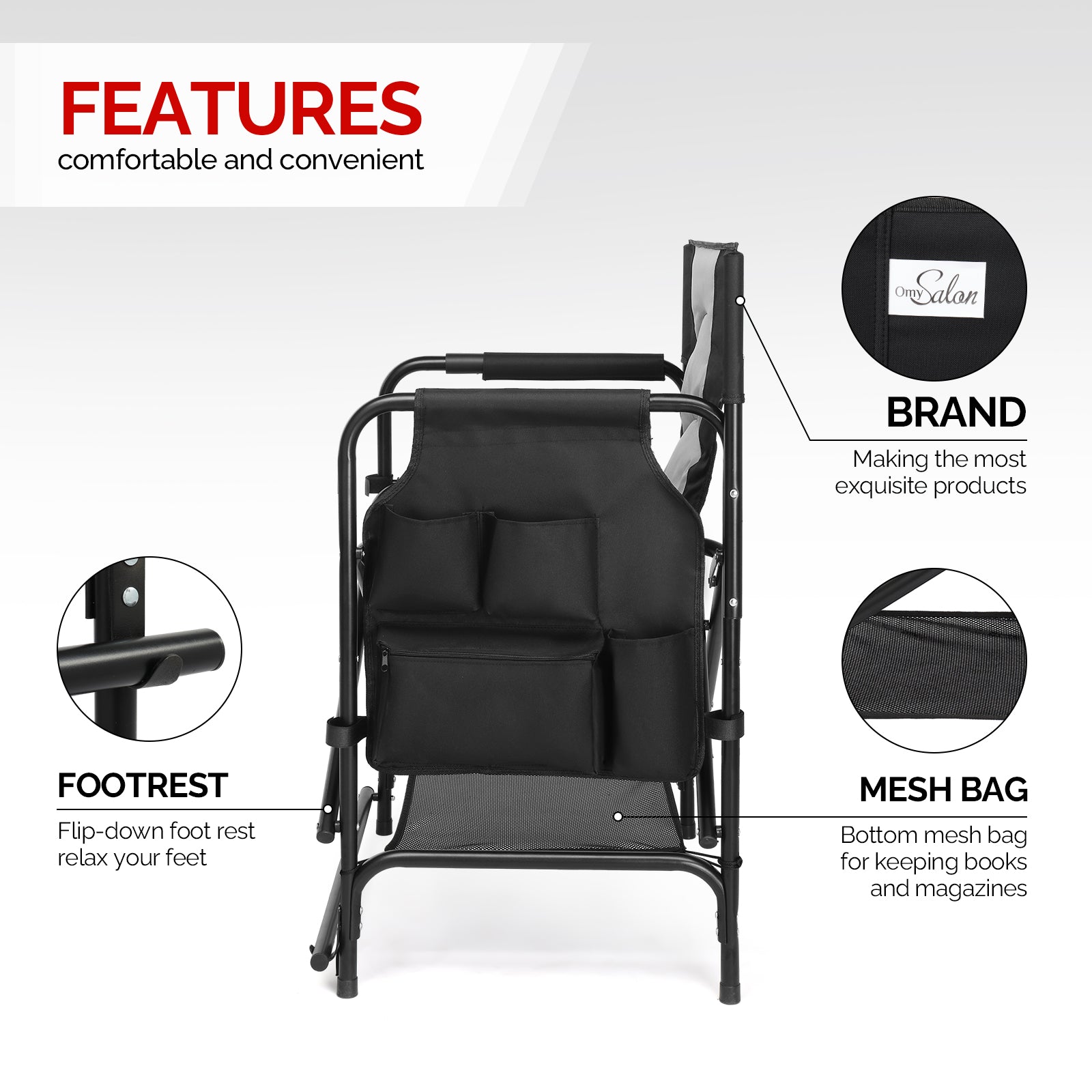 OmySalon Portable Folding Director Chair Makeup Artist Chair with Side Table 22in/26in/30in
