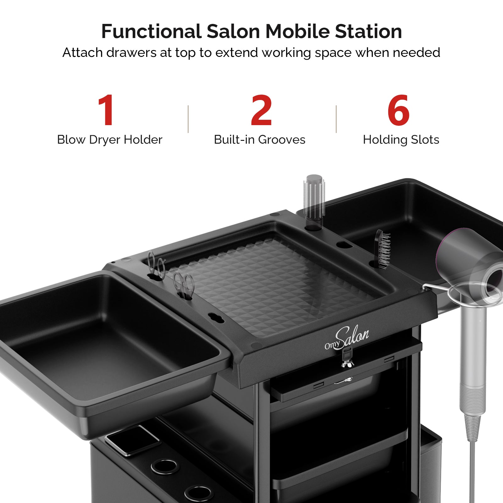 OmySalon ST1102 Multipurpose Rolling Salon Trolley Cart w/Wheels & 6 Drawers Hair Dryer Holders with Lock