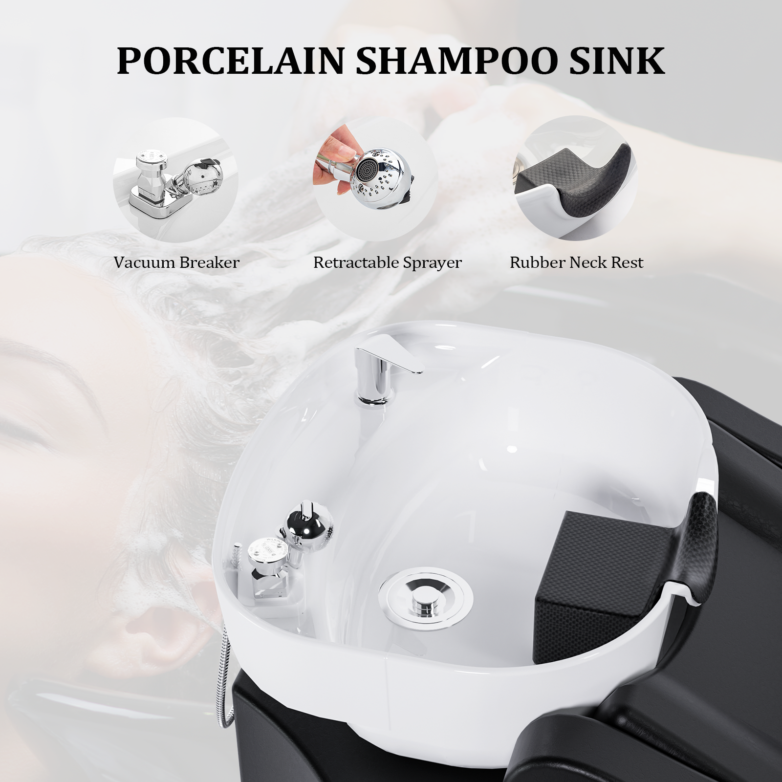 OmySalon BU1301 Salon Shampoo Bowl and Chair Backwash Unit with Extra Large Ceramic Bowl & Freestanding Ottoman