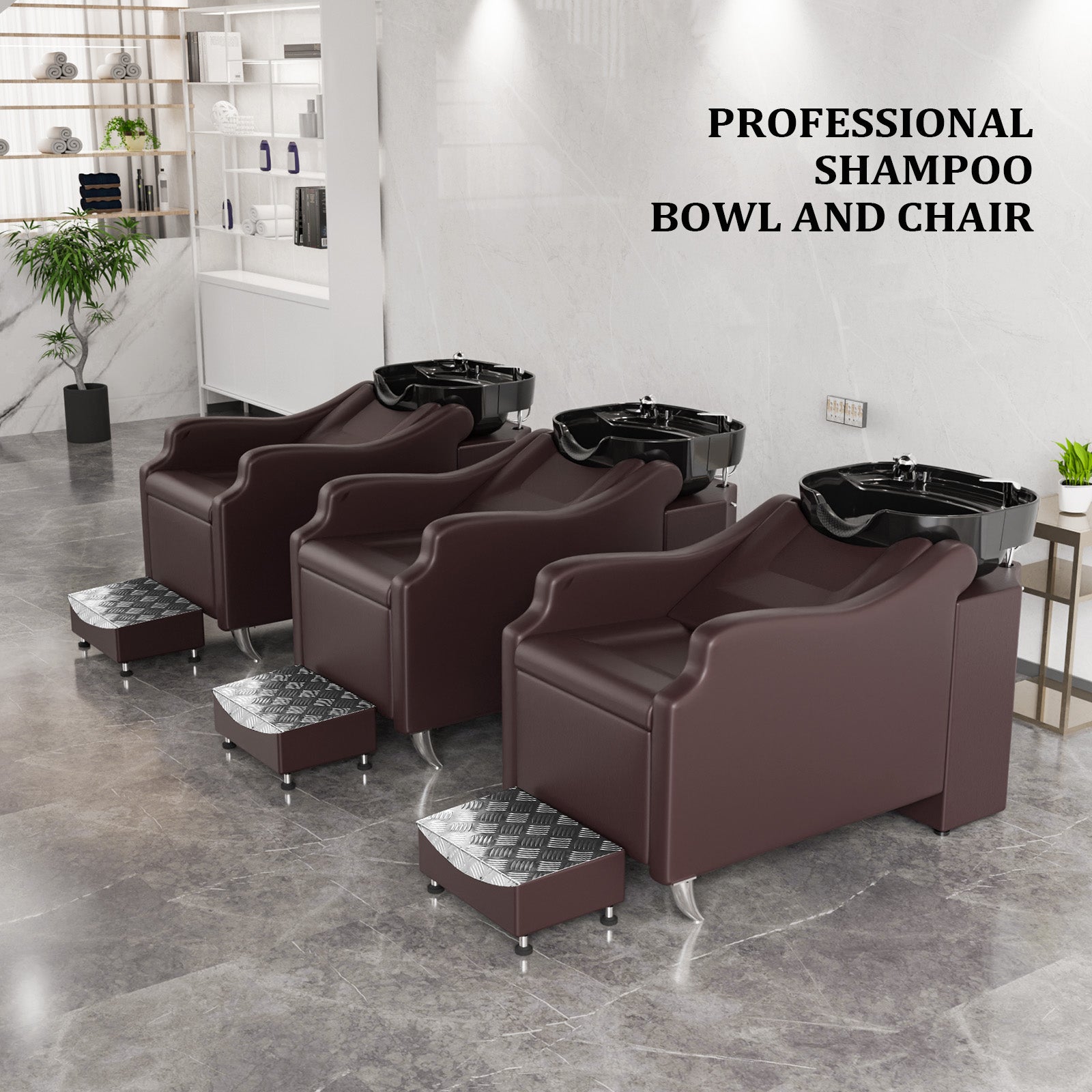 OmySalon BU1301 Salon Shampoo Bowl and Chair Backwash Unit with Extra Large Ceramic Bowl & Freestanding Ottoman