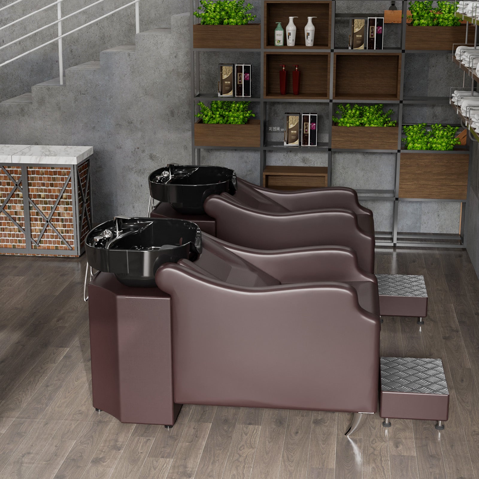 OmySalon BU1301 Salon Shampoo Bowl and Chair Backwash Unit with Extra Large Ceramic Bowl & Freestanding Ottoman