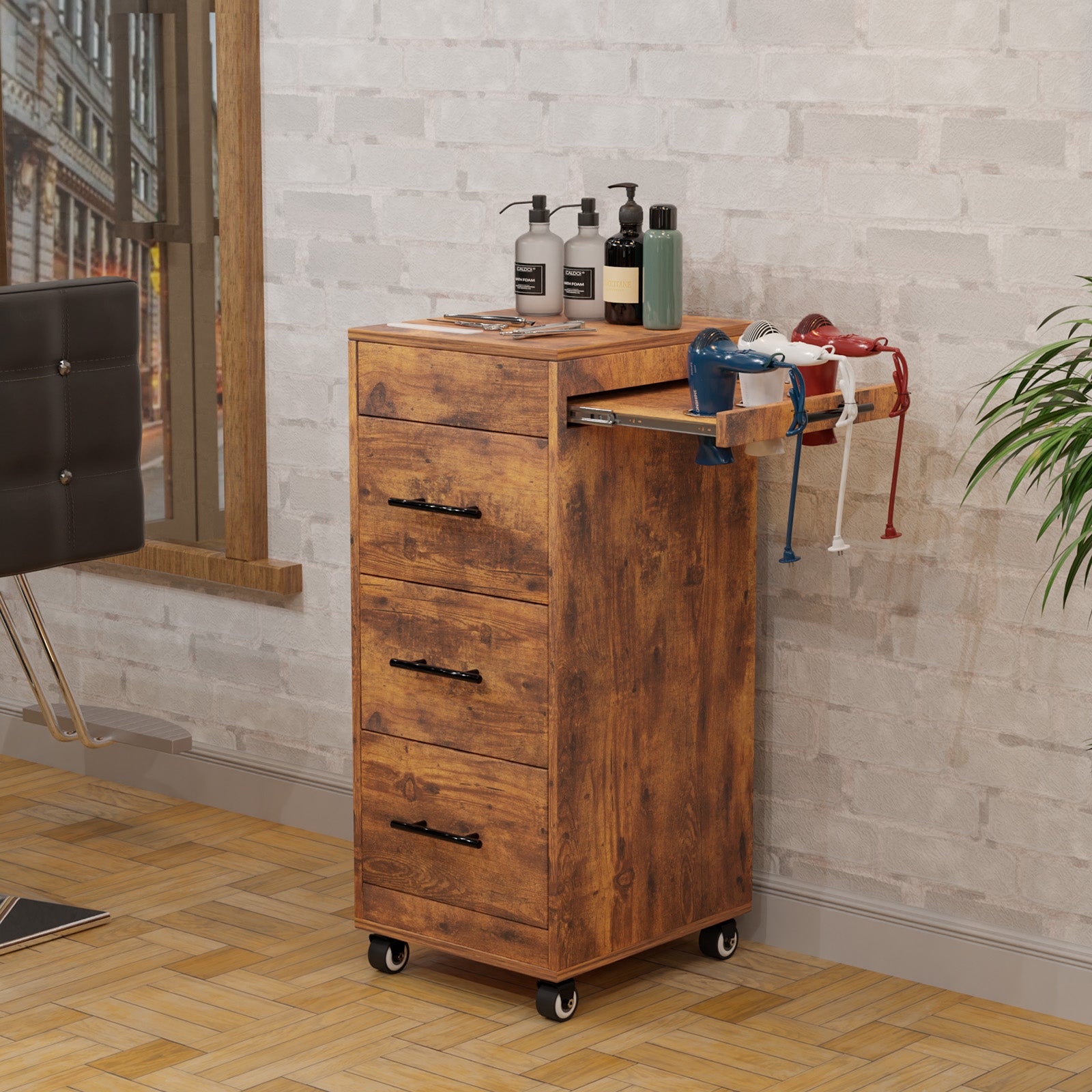 OmySalon ST1601 Wooden Mobile Salon Trolley Cart w/Wheels & 3 Drawers