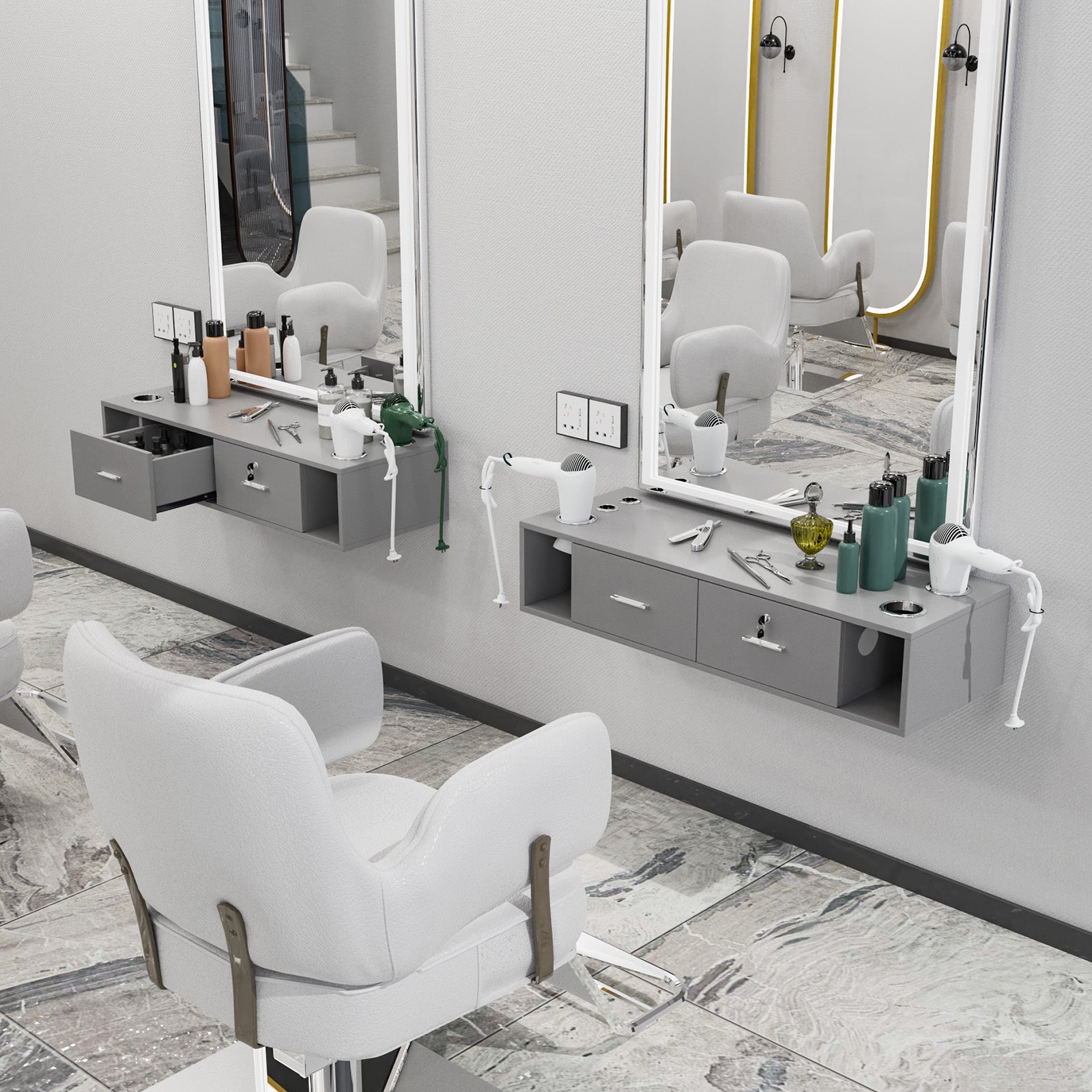 OmySalon HSC-17 Wall Mount Salon Styling Station w/2 Lockable Drawers 2 Side Open Space 5 Hair Dryer Holders