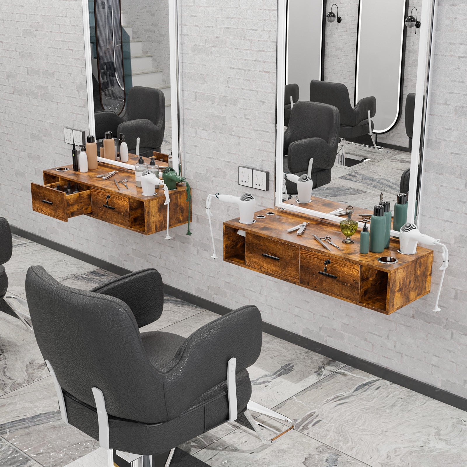 OmySalon HSC-17 Wall Mount Salon Styling Station w/2 Lockable Drawers 2 Side Open Space 5 Hair Dryer Holders