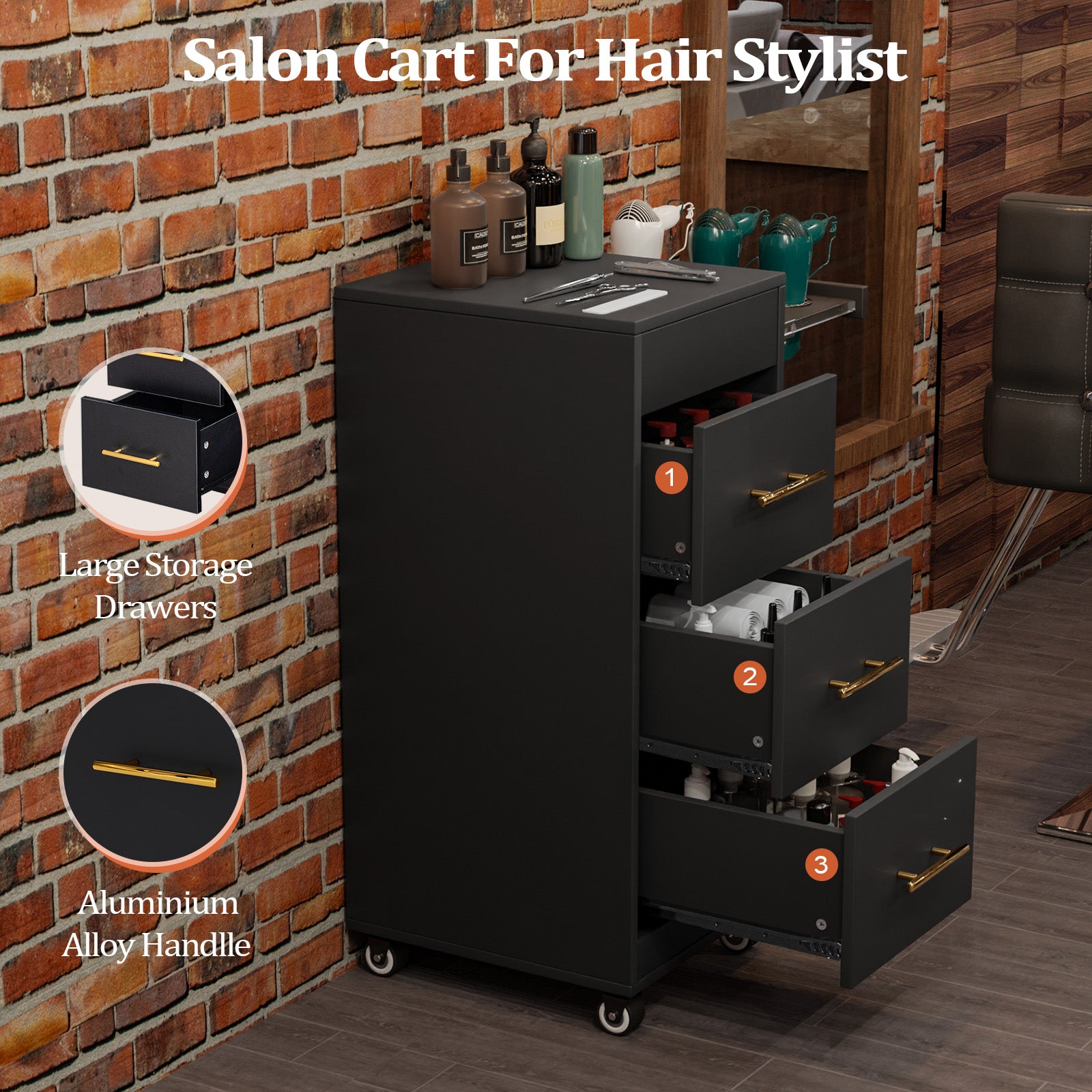 OmySalon ST1601 Wooden Mobile Salon Trolley Cart w/Wheels & 3 Drawers