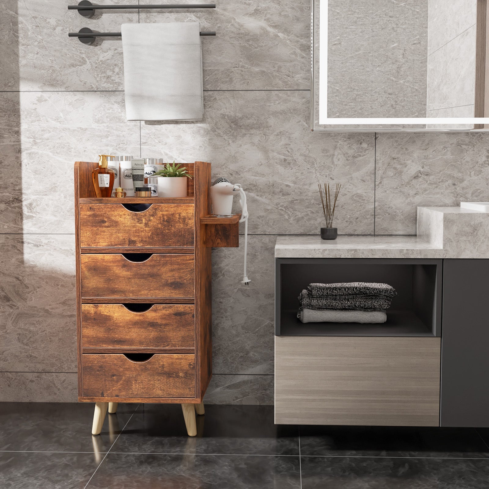 OmySalon HSC-16 4-Layer Salon Styling Storage Station w/4 Drawers 2 Hair Dryer Holders & Raised Table Legs
