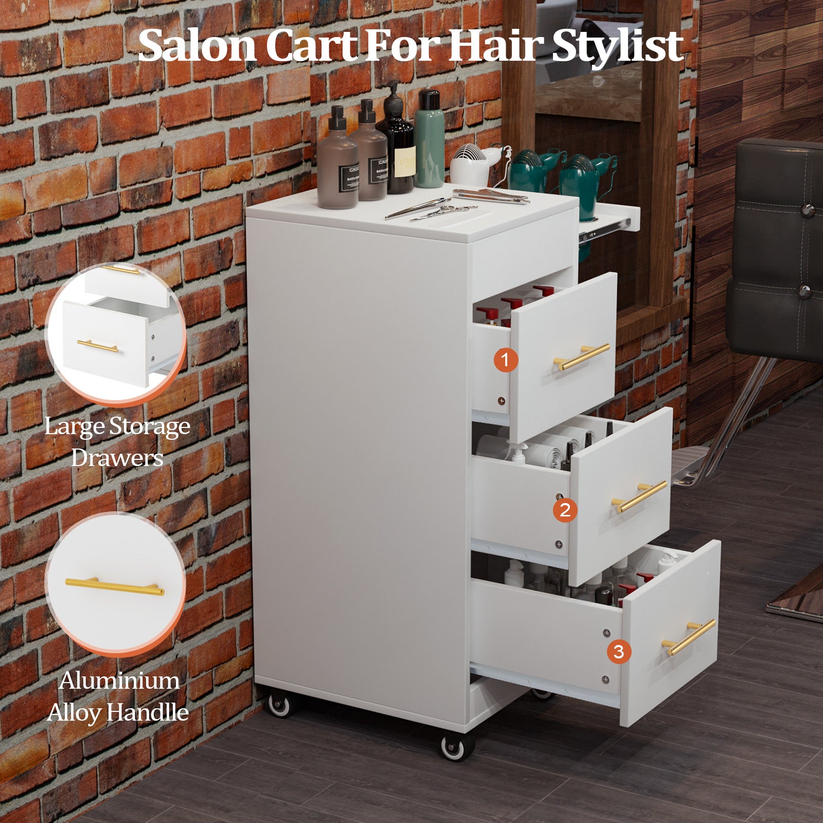 OmySalon ST1601 Wooden Mobile Salon Trolley Cart w/Wheels & 3 Drawers