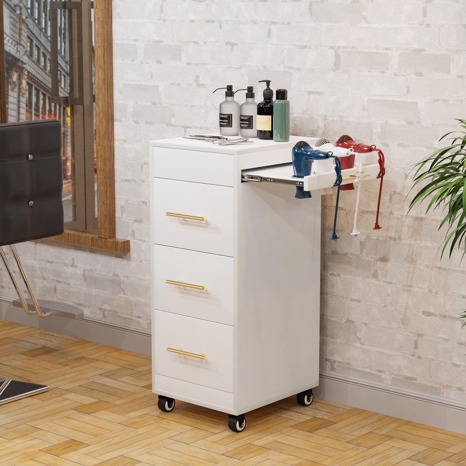 OmySalon ST1601 Wooden Mobile Salon Trolley Cart w/Wheels & 3 Drawers