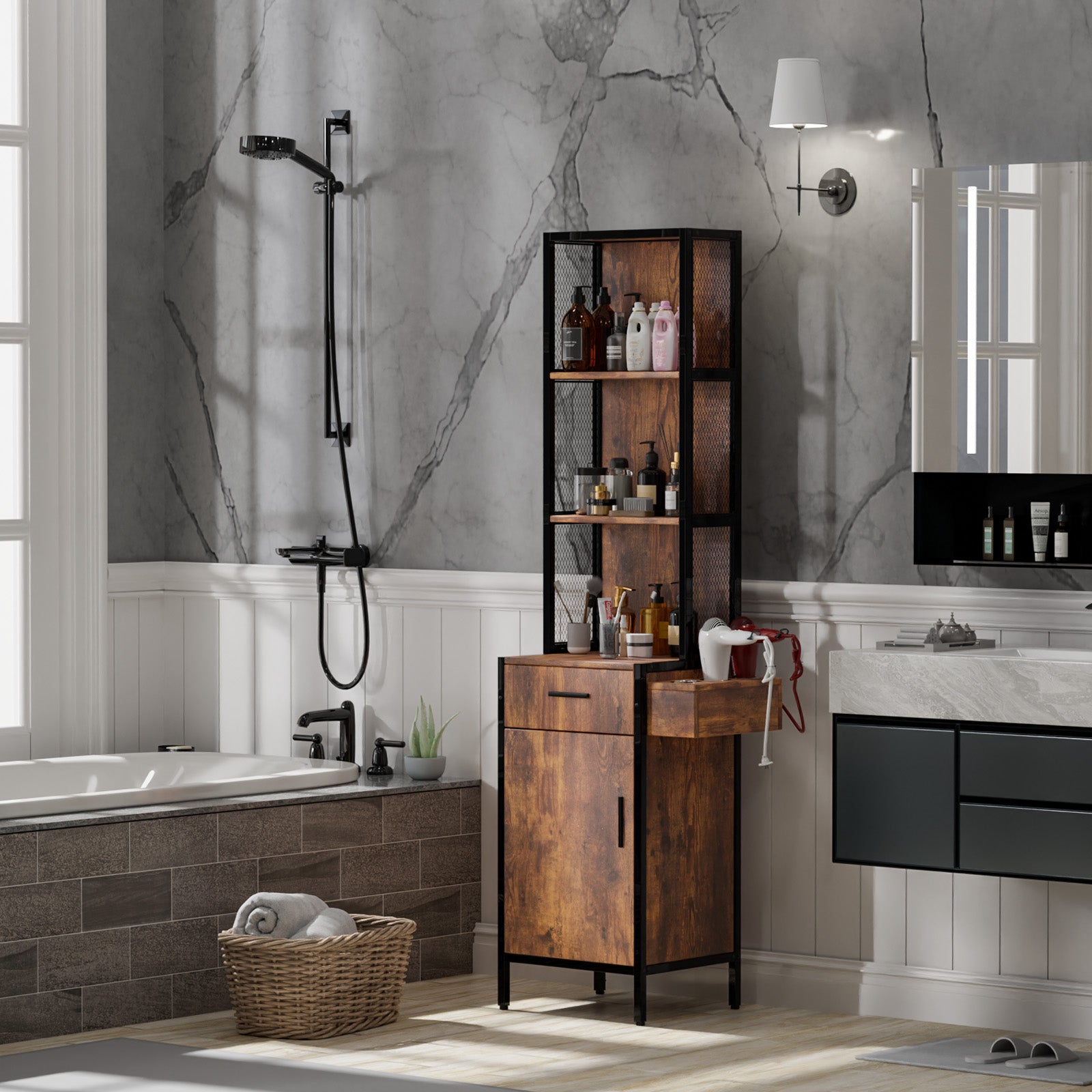 OmySalon Barber Storage Station Cabinet w/1 Drawer 3-Tier Storage Shelf 1 Storage Cabinet 3 Hair Dryer Holders