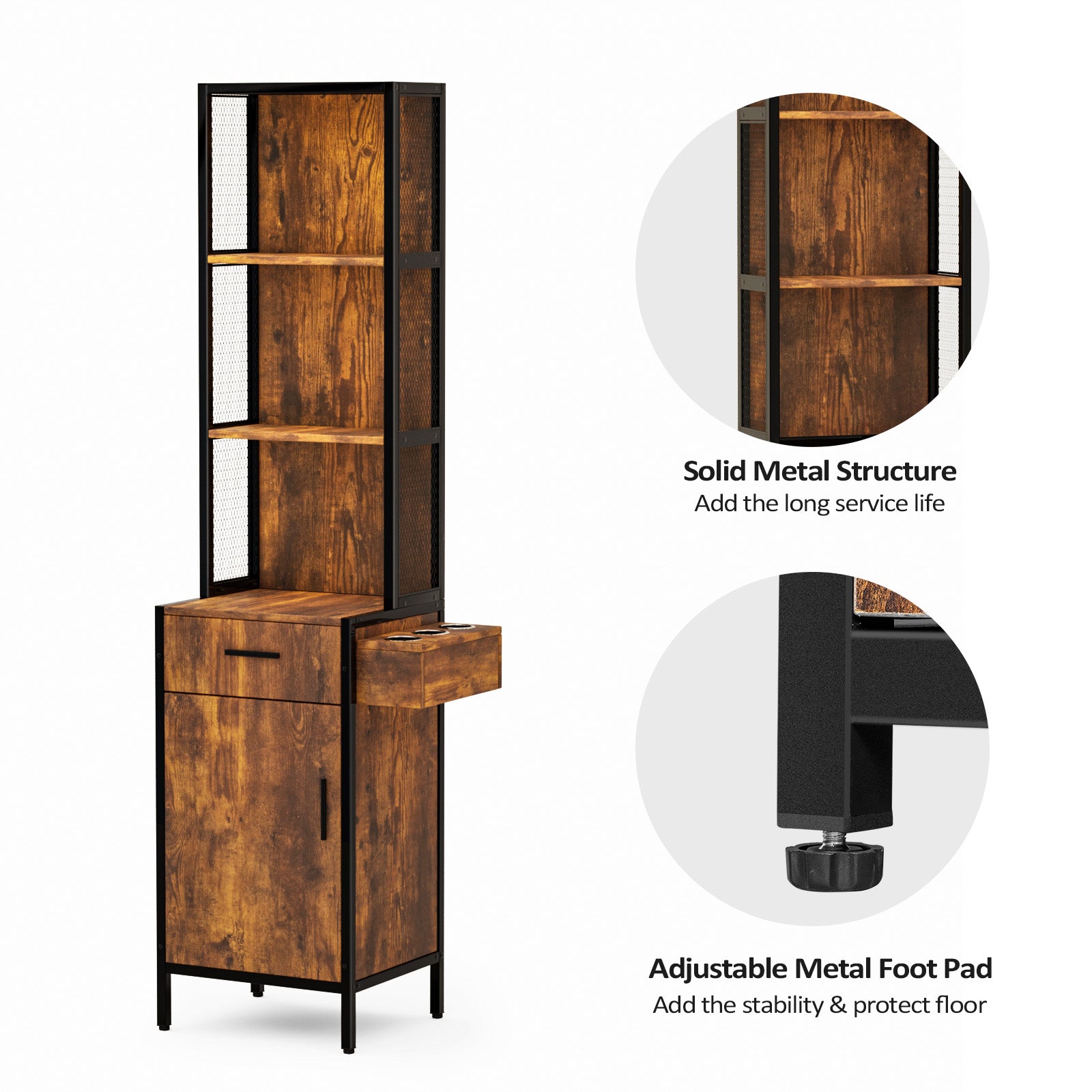 OmySalon Barber Storage Station Cabinet w/1 Drawer 3-Tier Storage Shelf 1 Storage Cabinet 3 Hair Dryer Holders