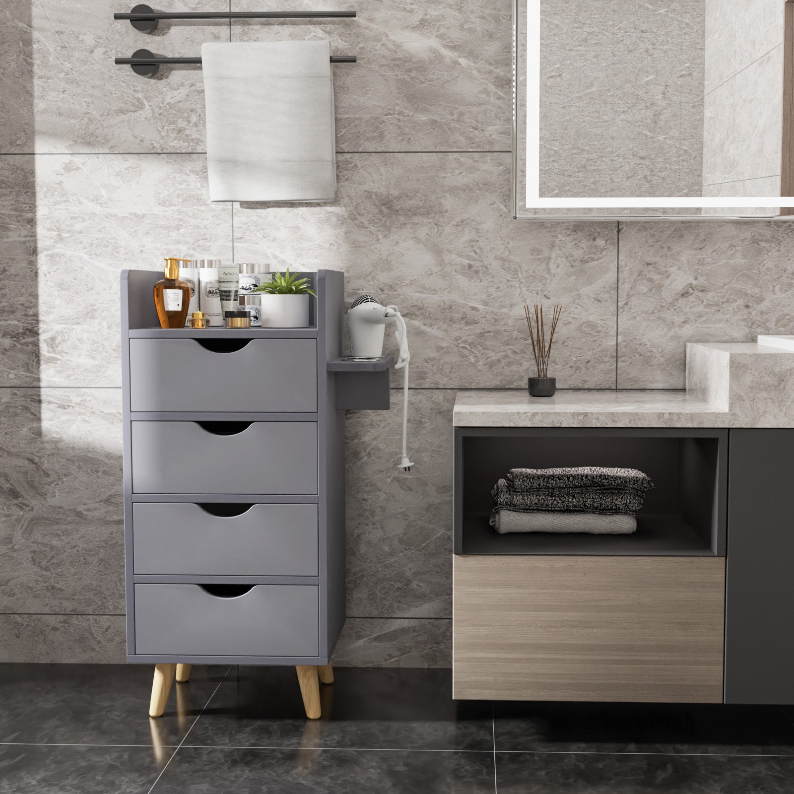 OmySalon HSC-16 4-Layer Salon Styling Storage Station w/4 Drawers 2 Hair Dryer Holders & Raised Table Legs