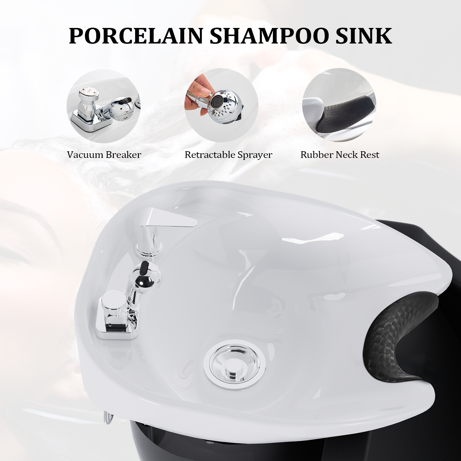 OmySalon BU1211 Electric Shampoo Bowl and Chair Backwash Unit with Reclining Legrest & Tilting Porcelain Shampoo Sink