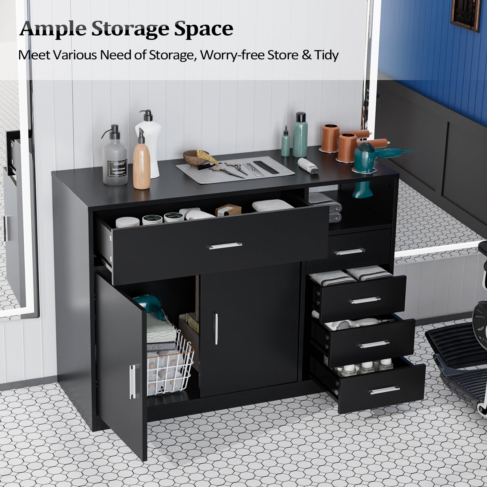 OmySalon HSC-22 Salon Station Cabinet Free Standing Styling Stations with 5 Drawers 1 Storage Cabinet 3 Hair Dryer Holders