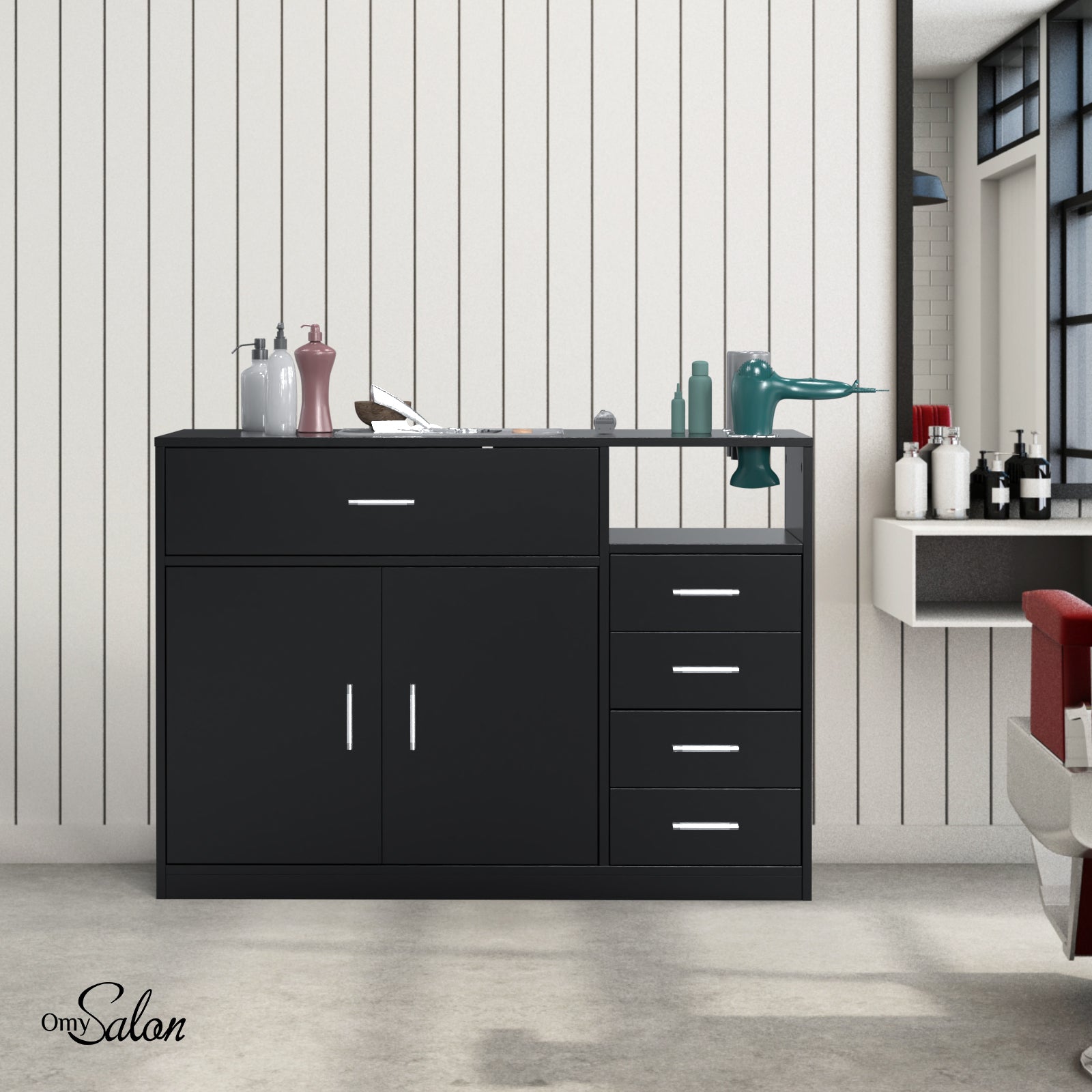 OmySalon HSC-22 Salon Station Cabinet Free Standing Styling Stations with 5 Drawers 1 Storage Cabinet 3 Hair Dryer Holders