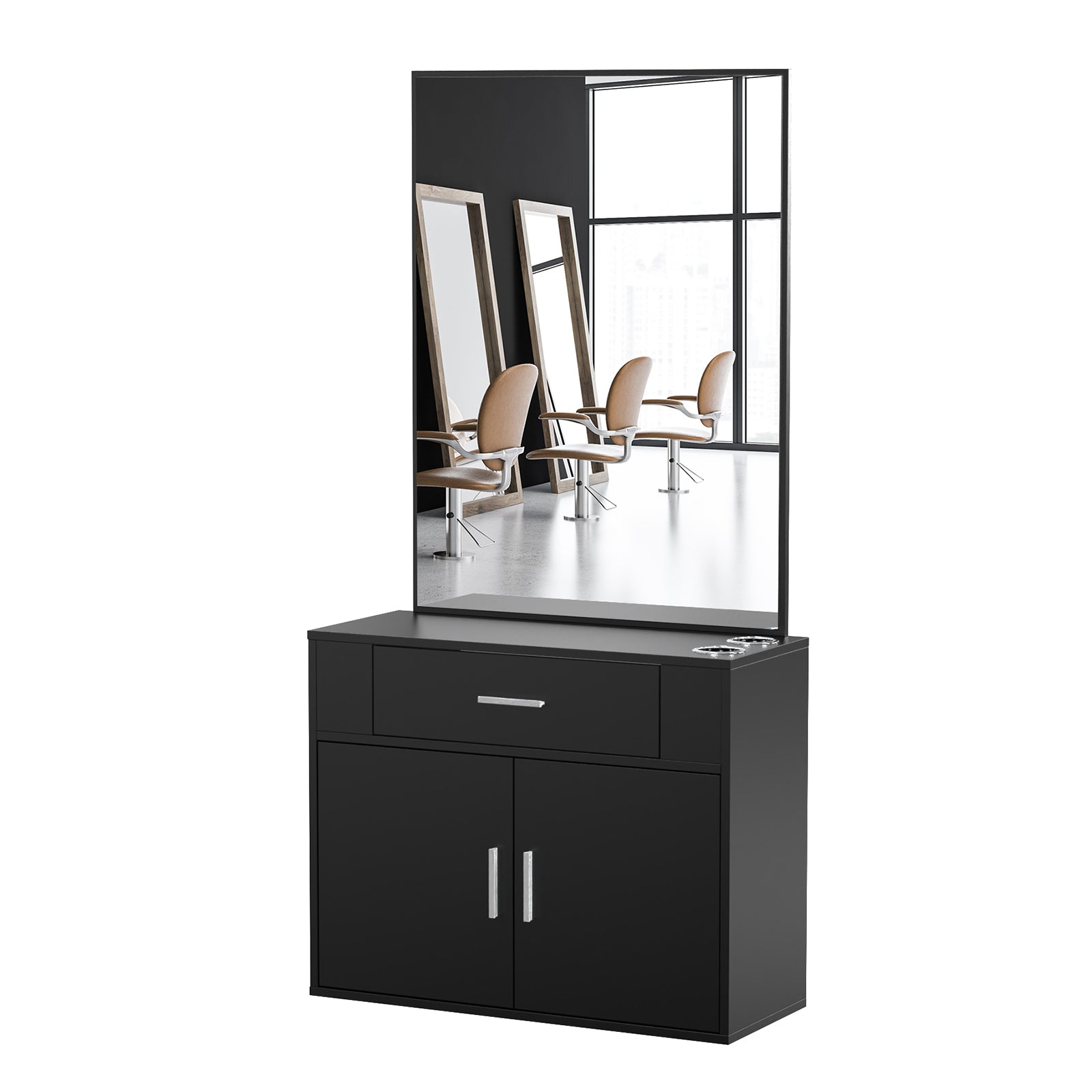 OmySalon Wall Mount Salon Station with Mirror 1 Drawer 1 Storage Cabinet 2 Hair Dryer Holders Black/Black & Red