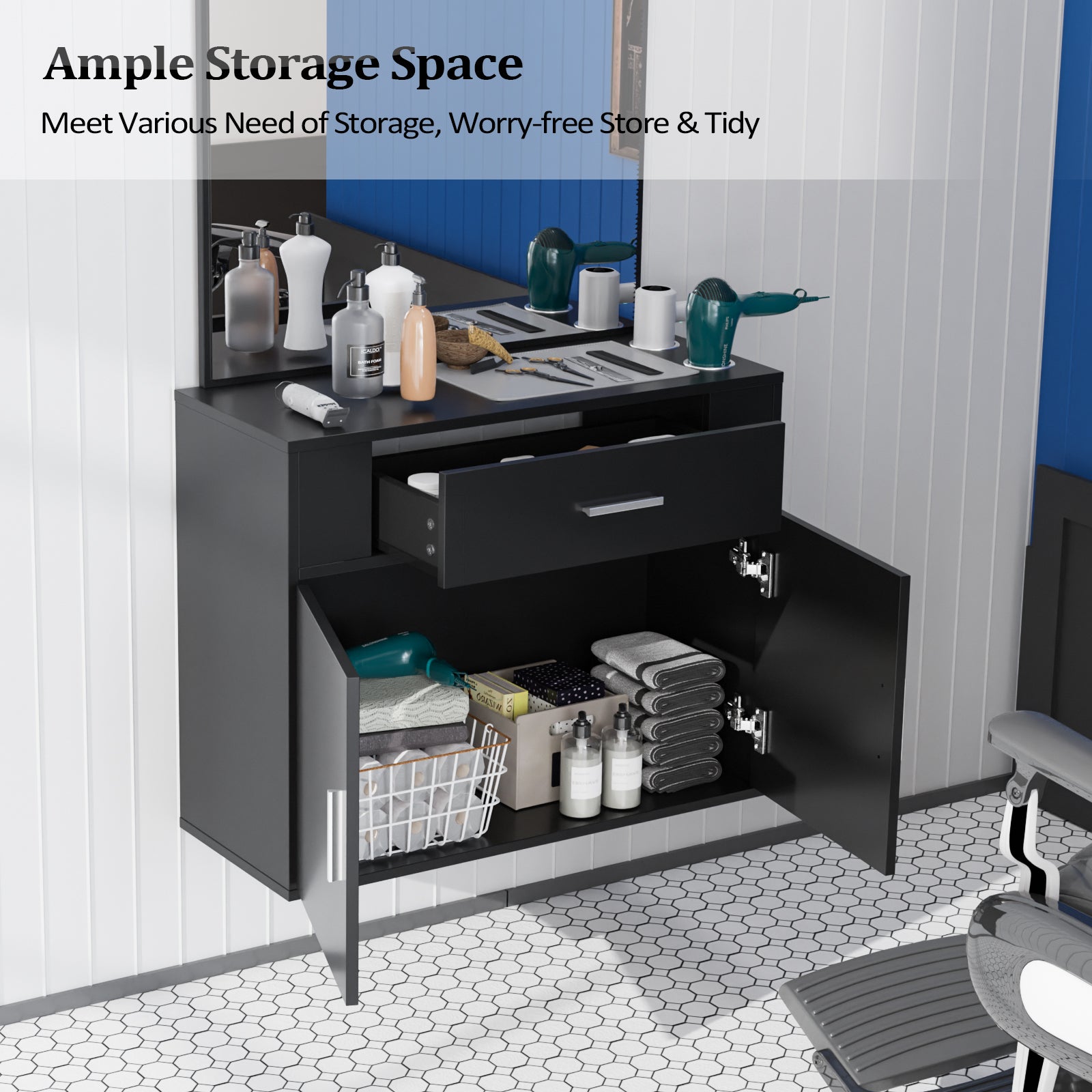 OmySalon Wall Mount Salon Station with Mirror 1 Drawer 1 Storage Cabinet 2 Hair Dryer Holders Black/Black & Red