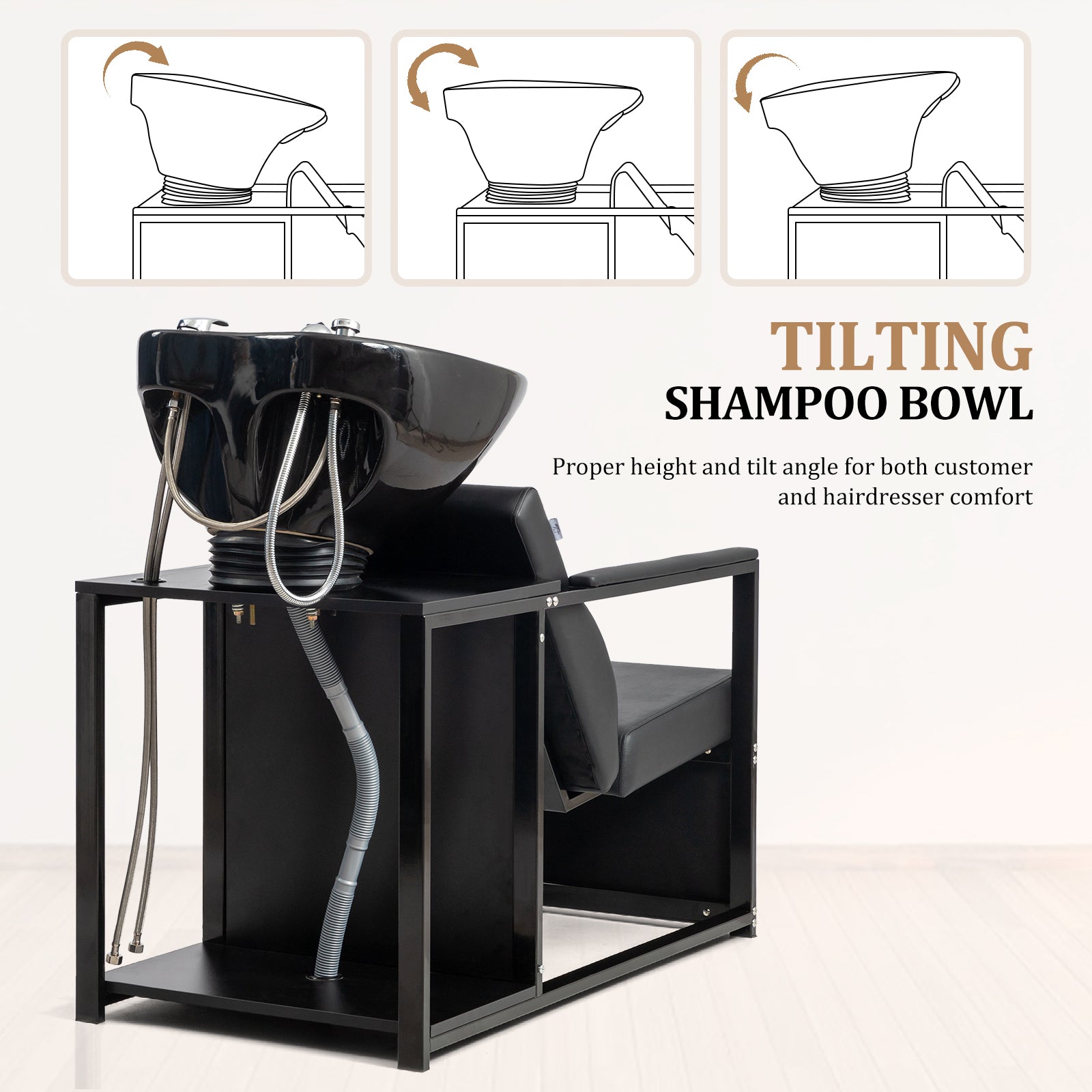OmySalon BU2301 Salon Shampoo Backwash Chair Unit with Porcelain Bowl & Storage Shelf