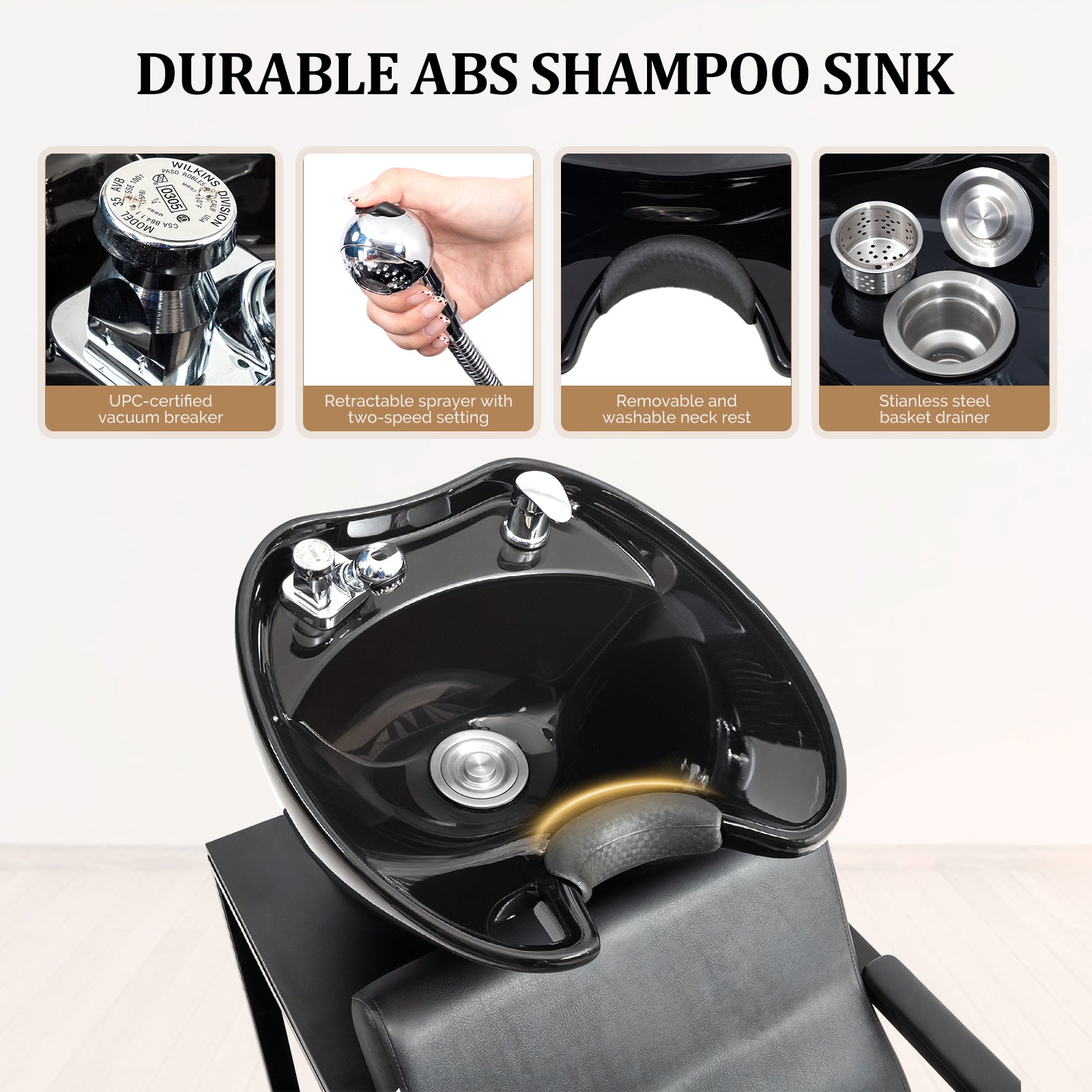 OmySalon BU2301 Salon Shampoo Backwash Chair Unit with Porcelain Bowl & Storage Shelf