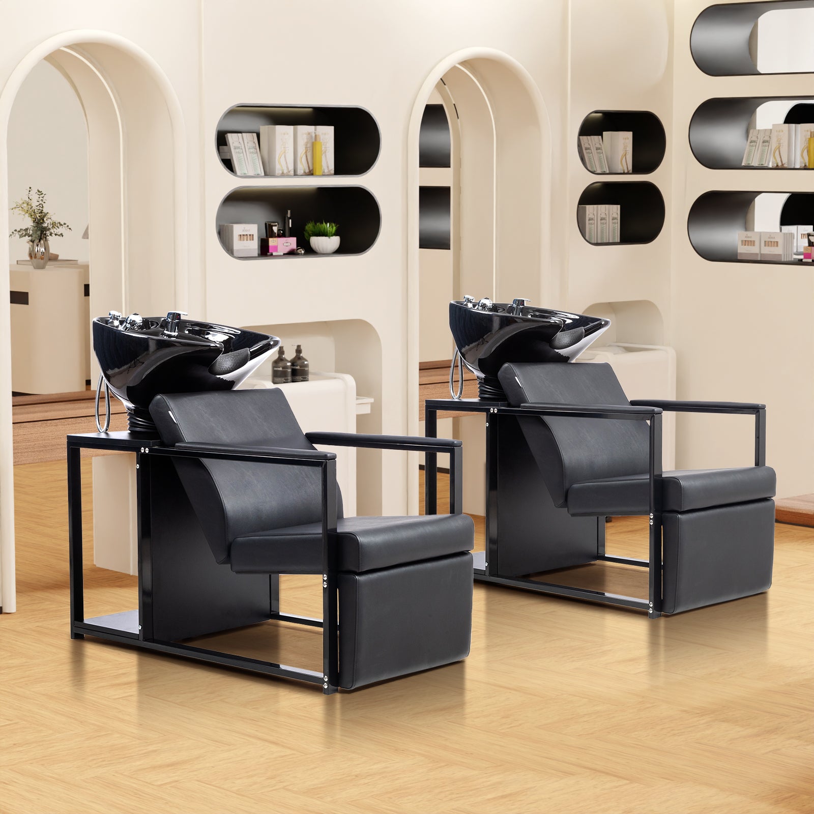 OmySalon BU2301 Salon Shampoo Backwash Chair Unit with Porcelain Bowl & Storage Shelf