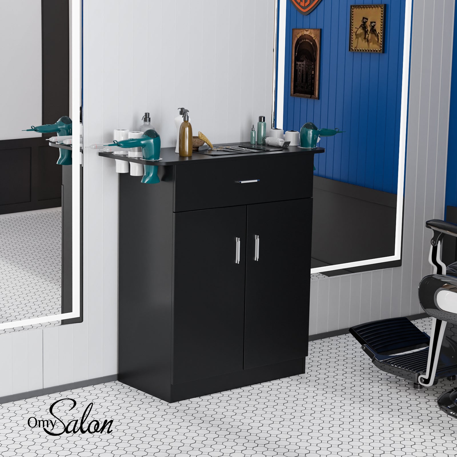 OmySalon HSC-21 Salon Station Cabinet Free Standing Storage Station with 1 Drawers 1 Storage Cabinet 6 Hair Dryer Holders